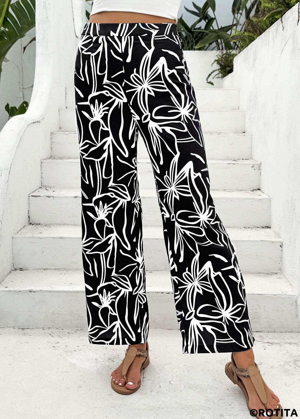 Black bottoms,Plants bottoms,Floral bottoms,Random Floral Print Black Straight Leg Elastic Waist Pants