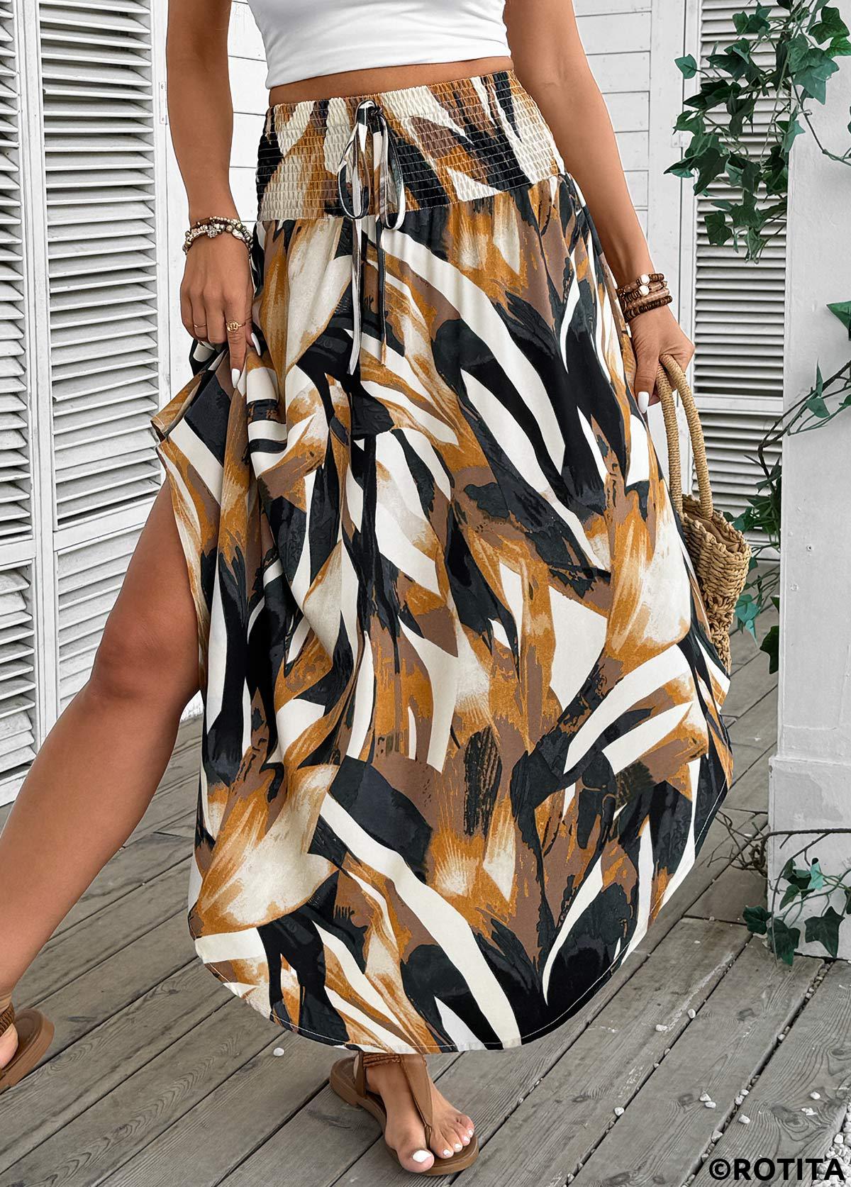 Dark Camel bottoms,Tribal bottoms,Bohemian Print Dark Camel Elastic Waist A Line Skirt