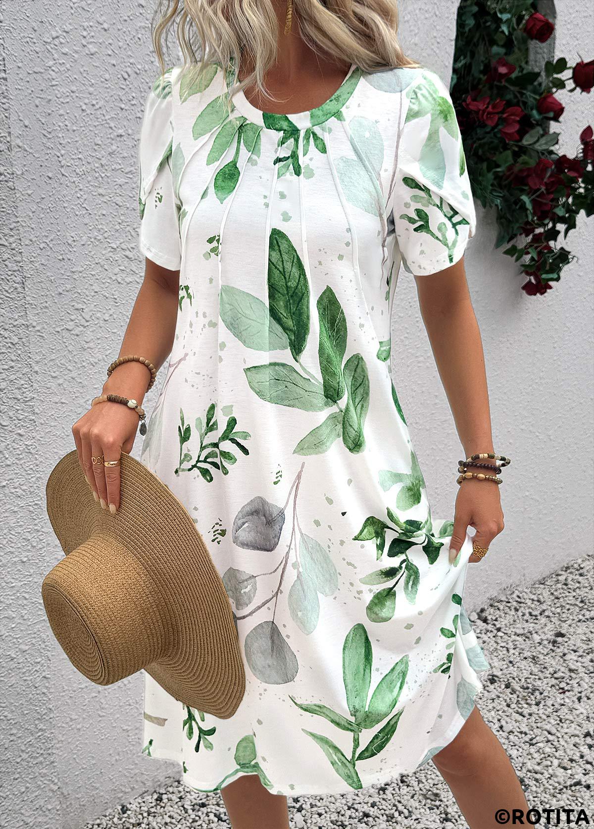 White dresses,Plants dresses,Everyday dresses,Casual dresses,ROTITA Leaf Print White A Line Round Neck Dress