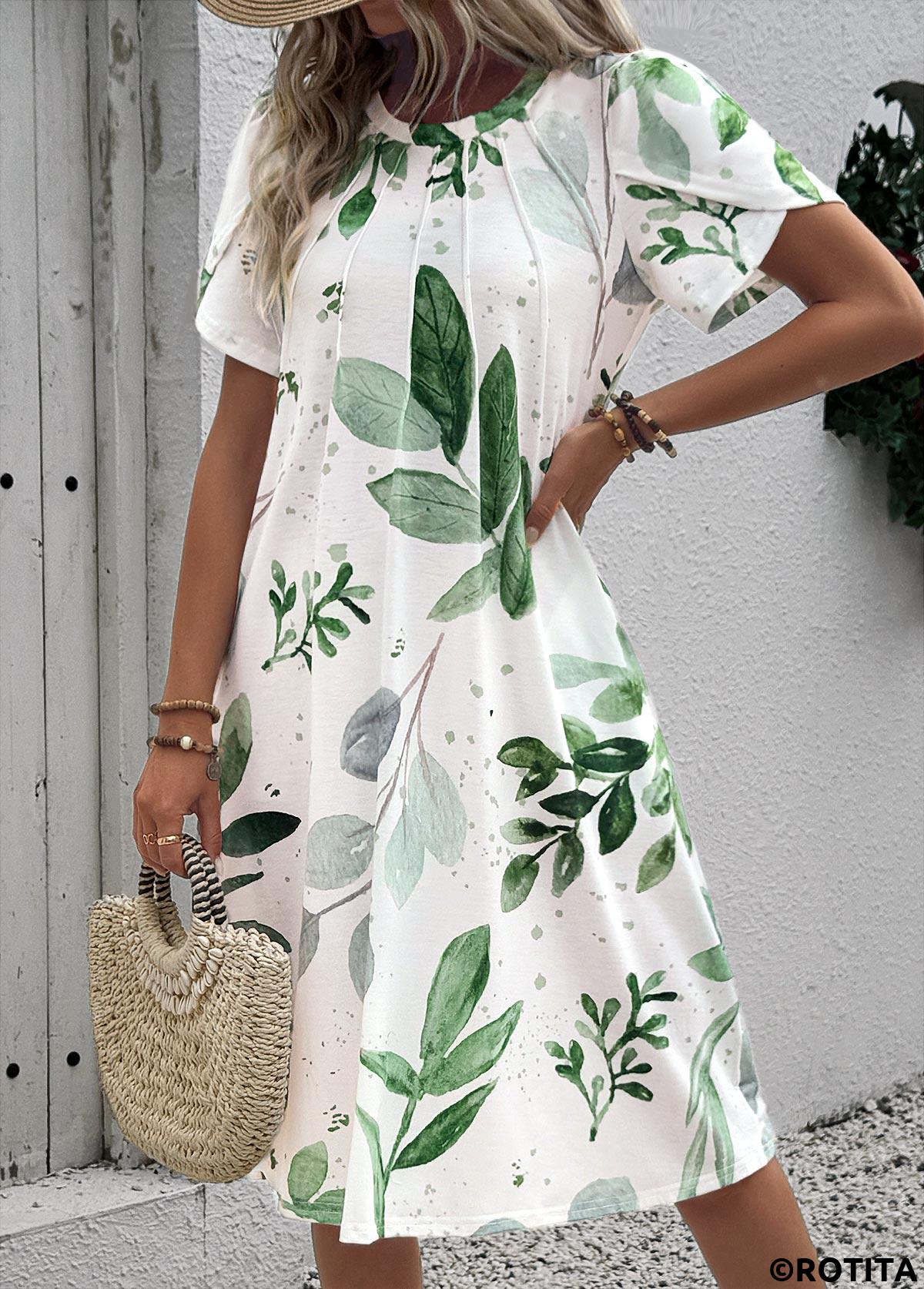 White dresses,Plants dresses,Everyday dresses,Casual dresses,ROTITA Leaf Print White A Line Round Neck Dress