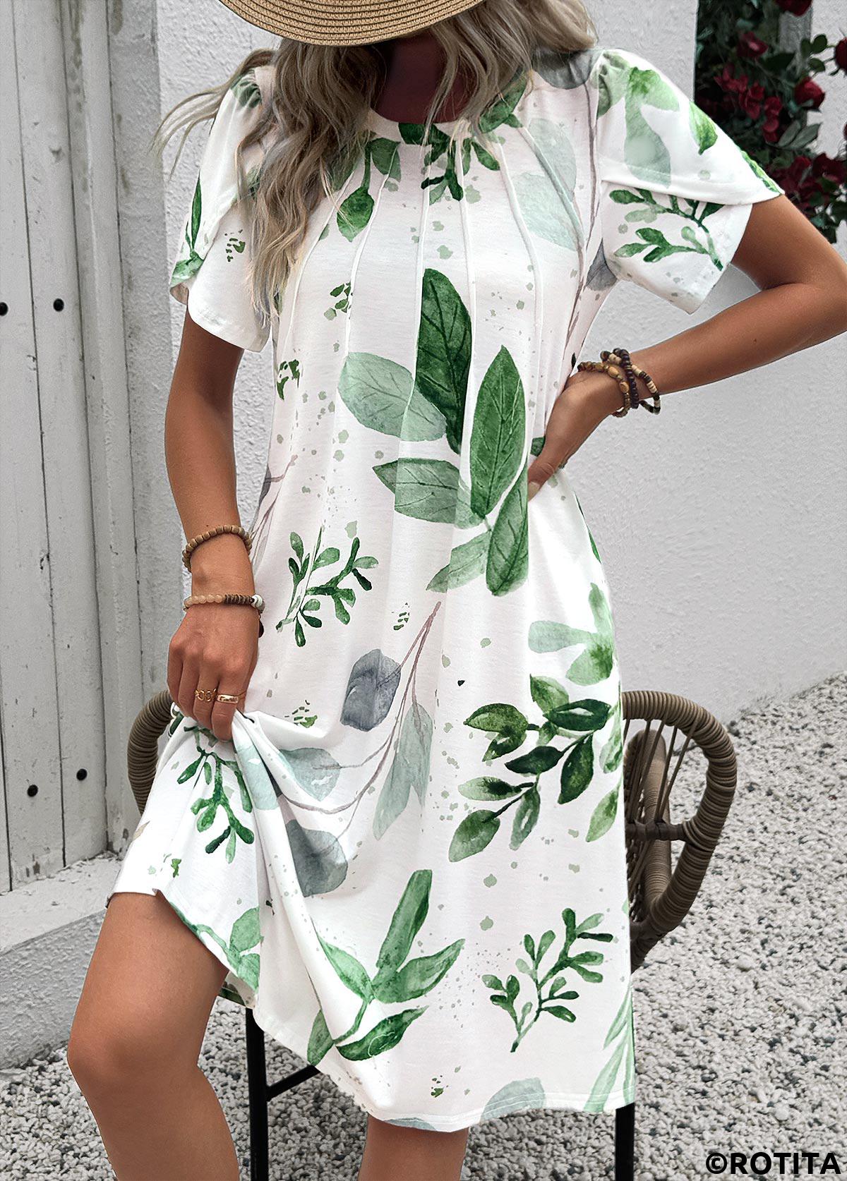 White dresses,Plants dresses,Everyday dresses,Casual dresses,ROTITA Leaf Print White A Line Round Neck Dress
