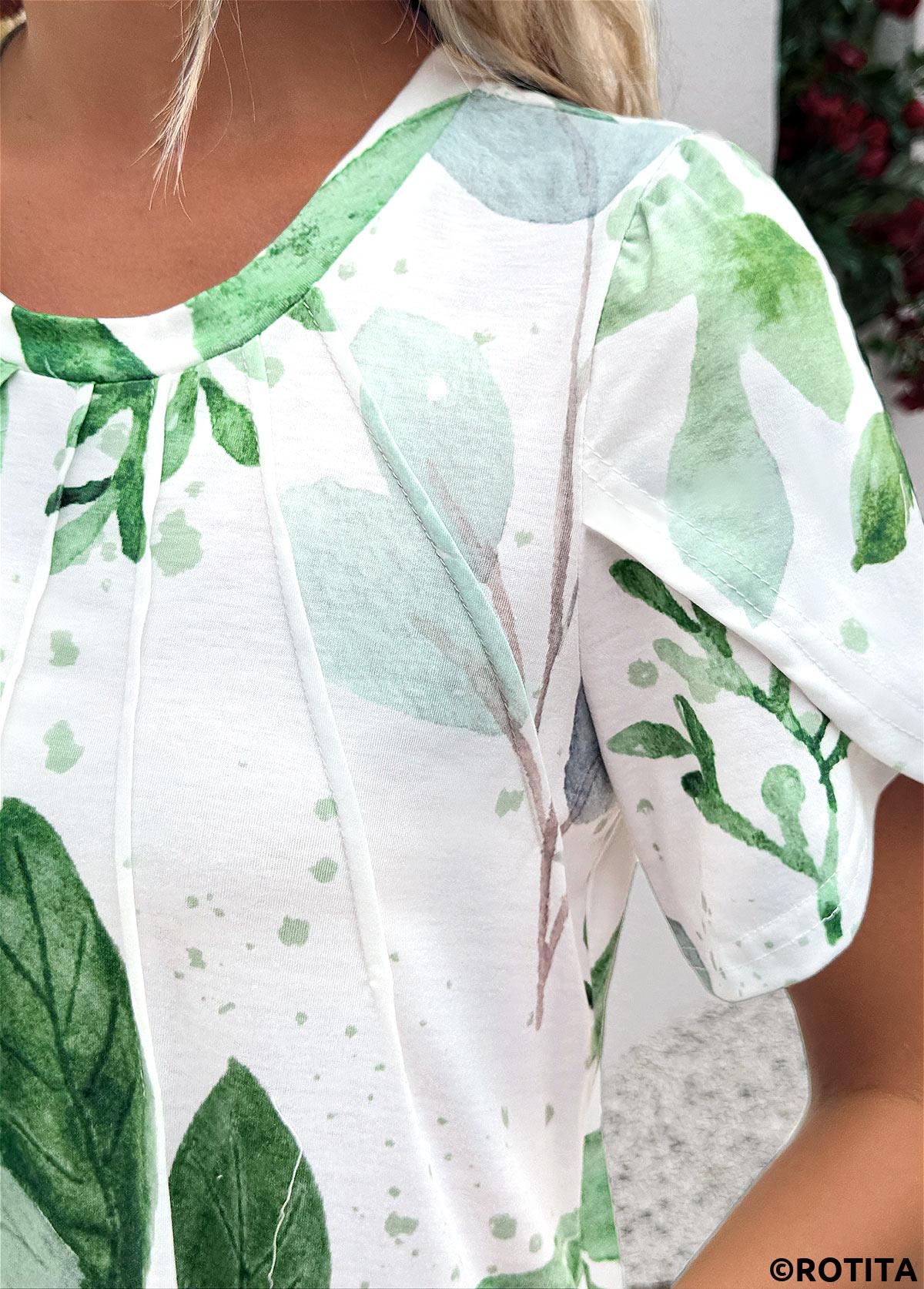 White dresses,Plants dresses,Everyday dresses,Casual dresses,ROTITA Leaf Print White A Line Round Neck Dress