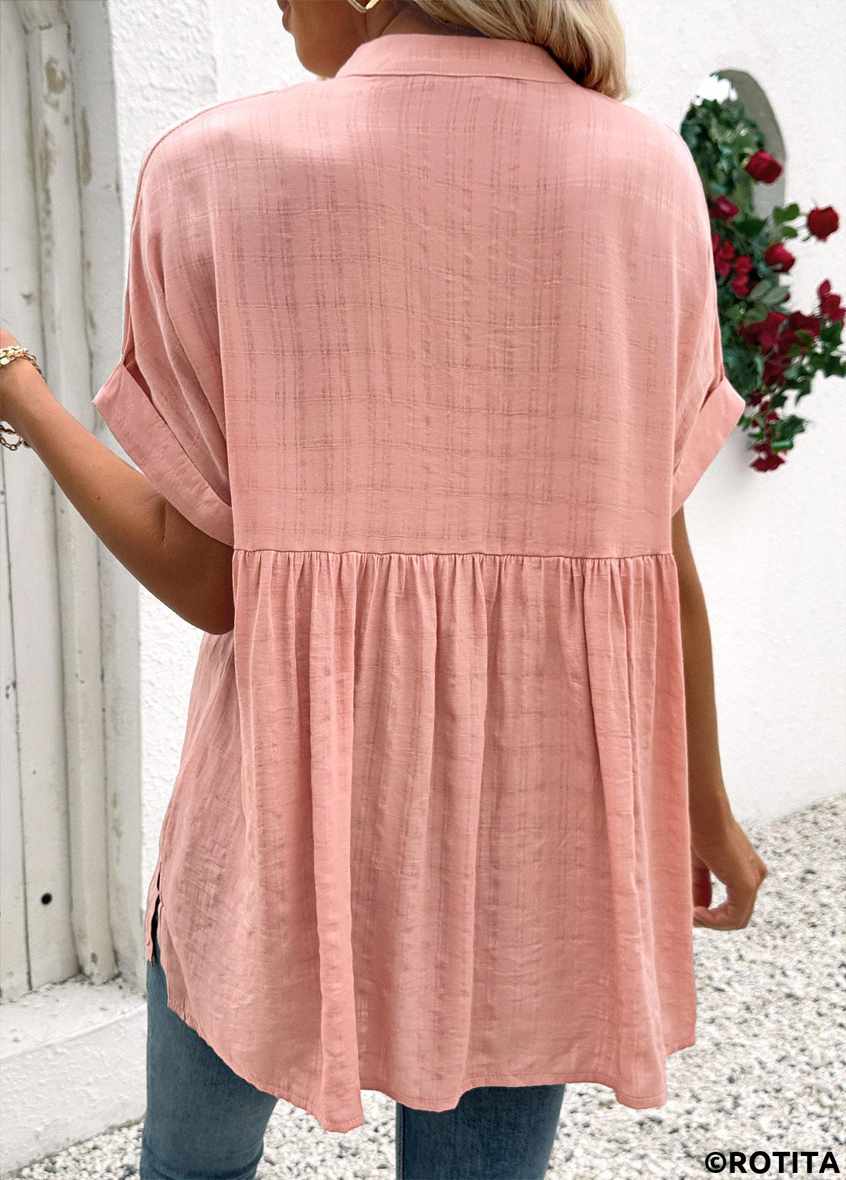 Dusty Pink tops,Plain Color tops,ROTITA Dusty Pink Split Neck Short Sleeve Blouse
