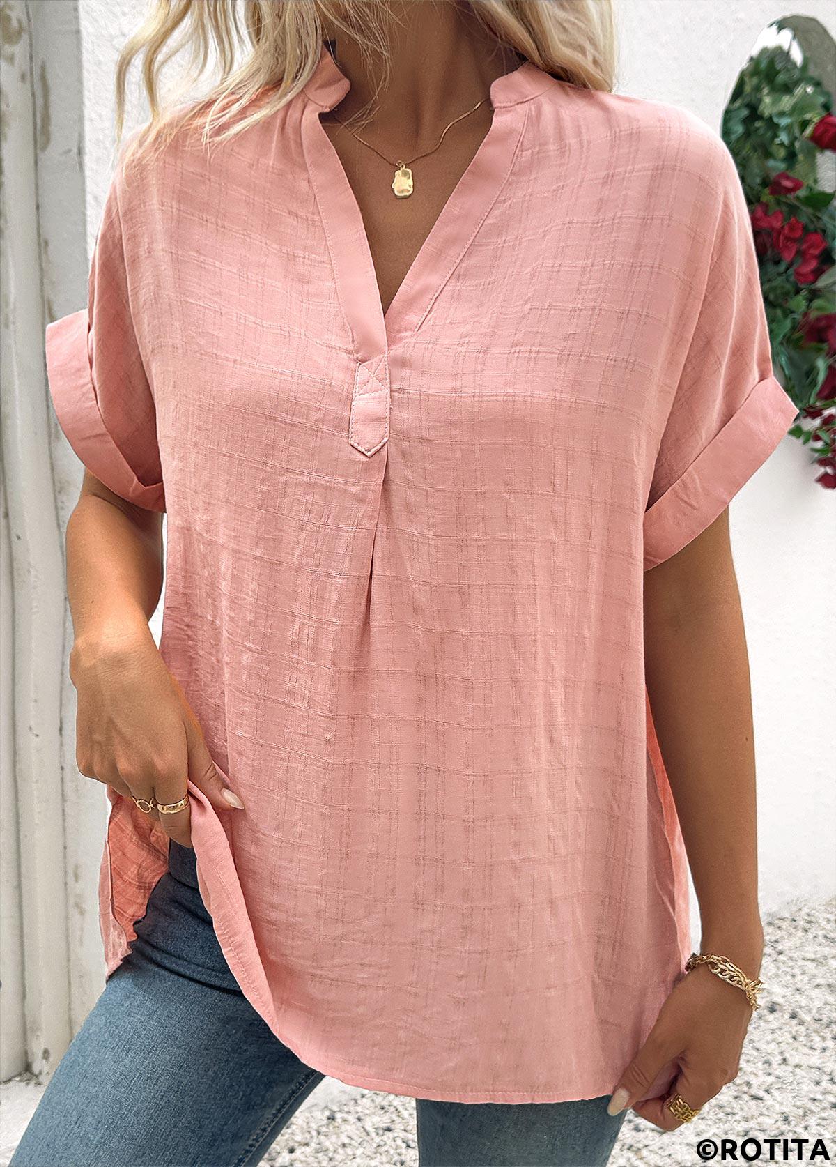 Dusty Pink tops,Plain Color tops,ROTITA Dusty Pink Split Neck Short Sleeve Blouse