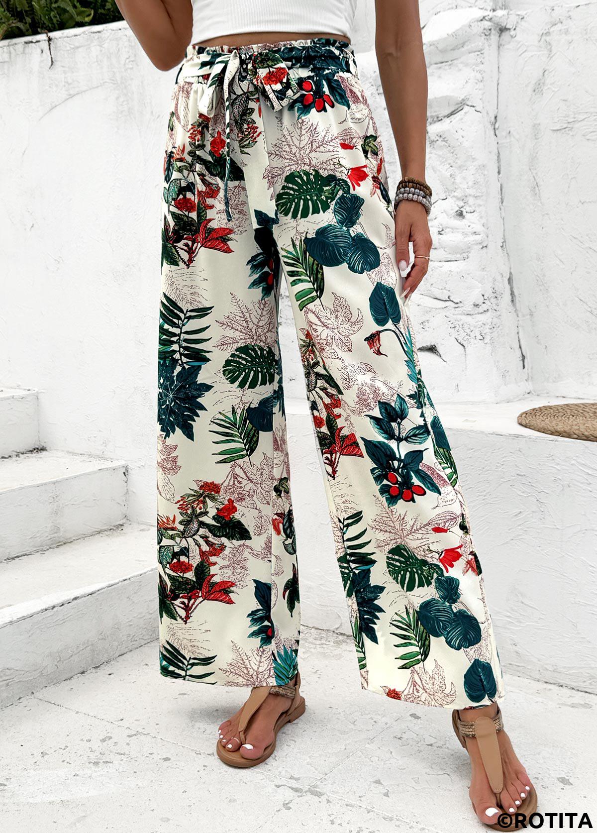 Blackish Green bottoms,Plants bottoms,Plants Print Blackish Green Wide Leg Elastic Waist Pants