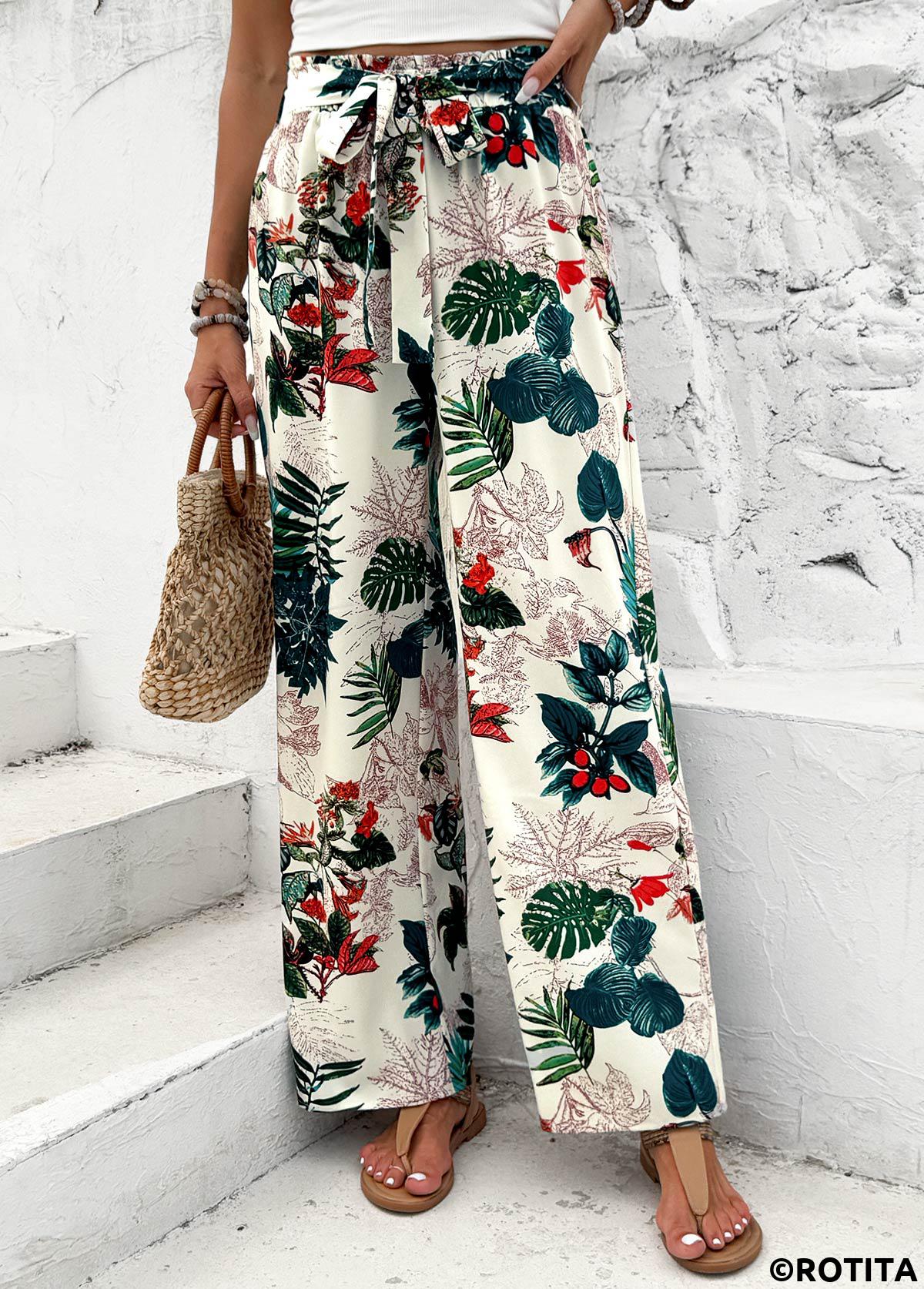 Blackish Green bottoms,Plants bottoms,Plants Print Blackish Green Wide Leg Elastic Waist Pants