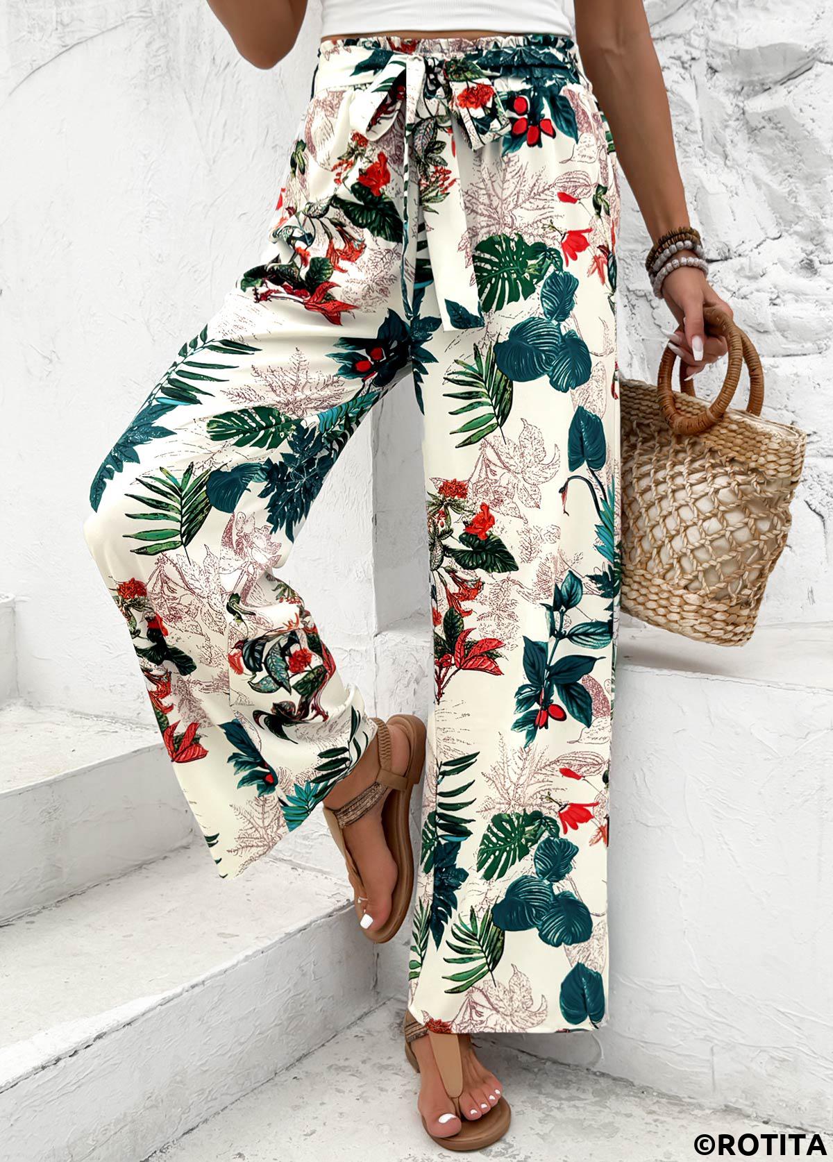 Blackish Green bottoms,Plants bottoms,Plants Print Blackish Green Wide Leg Elastic Waist Pants