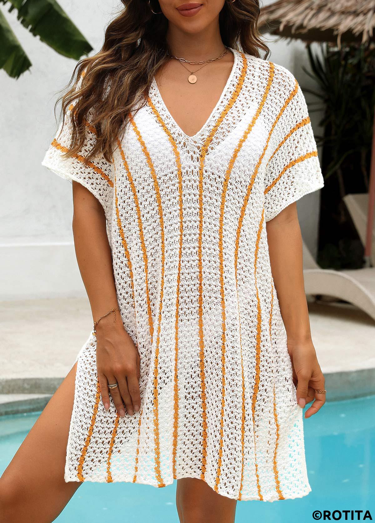 White swimwear,Striped swimwear,Geometric swimwear,Striped White V Neck Cover Up