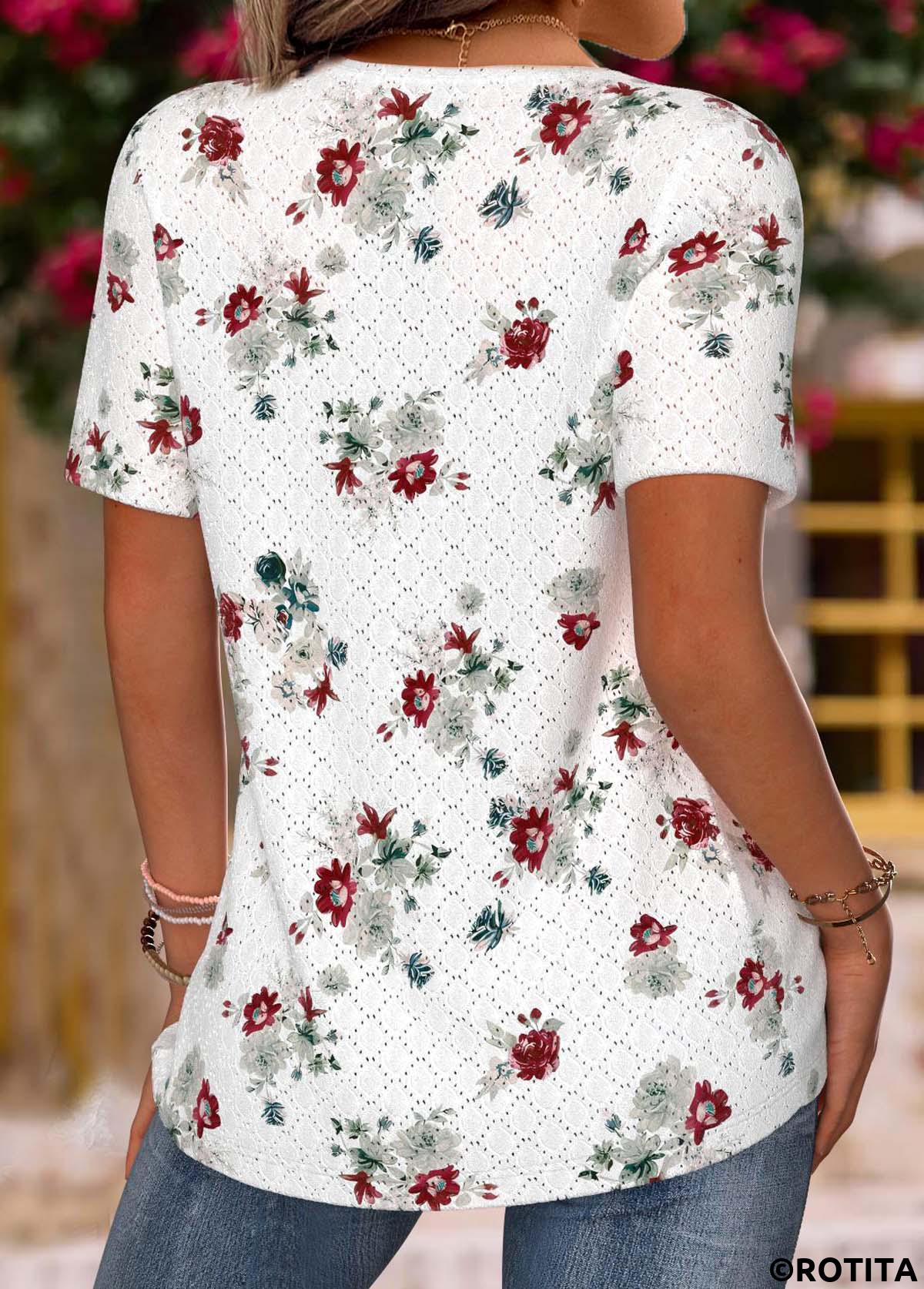 White tops,Floral tops,Plants tops,ROTITA Floral Print White V Neck Short Sleeve T Shirt