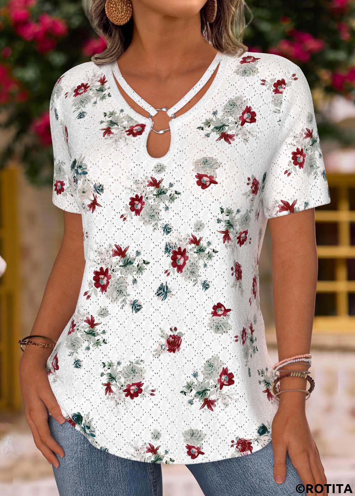 White tops,Floral tops,Plants tops,ROTITA Floral Print White V Neck Short Sleeve T Shirt