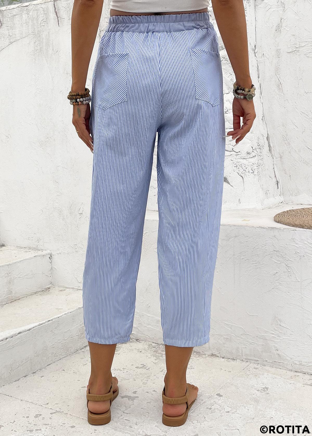 Light Blue bottoms,Striped bottoms,Geometric bottoms,Striped Light Blue Straight Leg Elastic Waist Pants