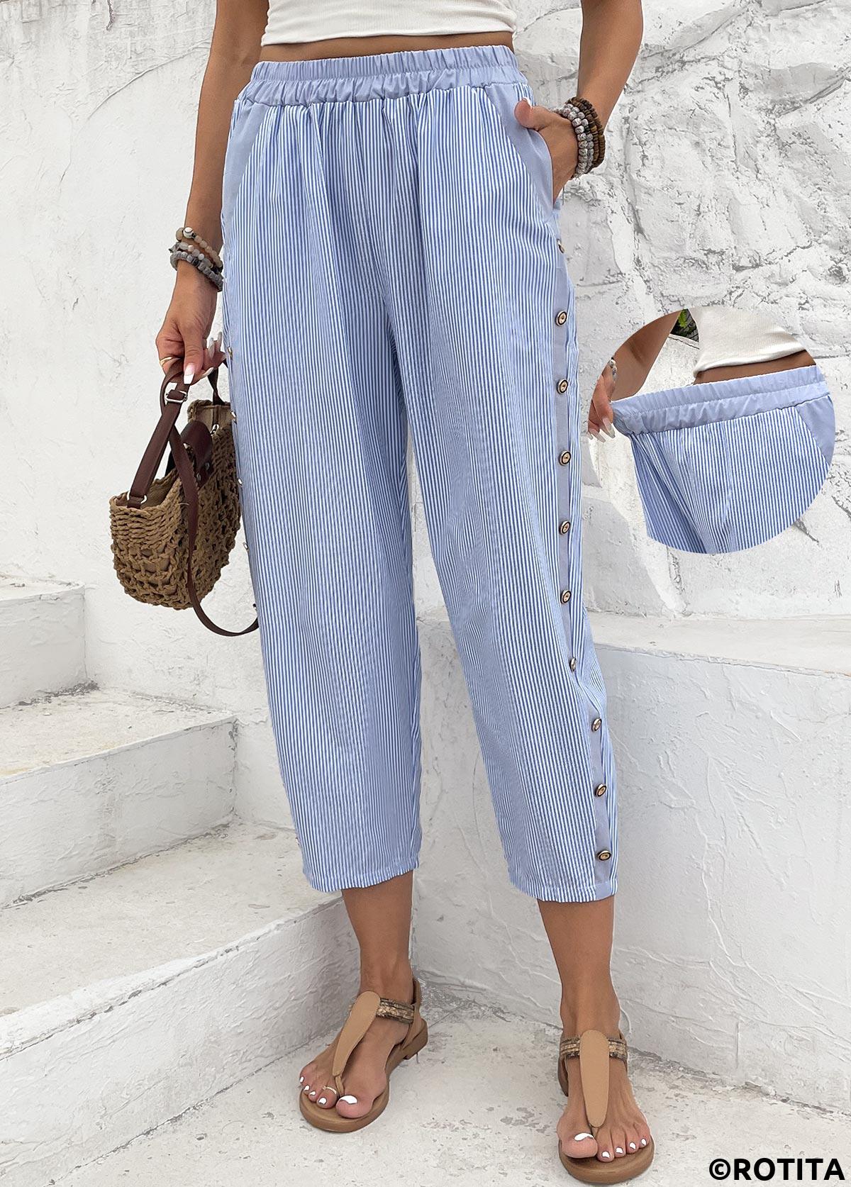 Light Blue bottoms,Striped bottoms,Geometric bottoms,Striped Light Blue Straight Leg Elastic Waist Pants
