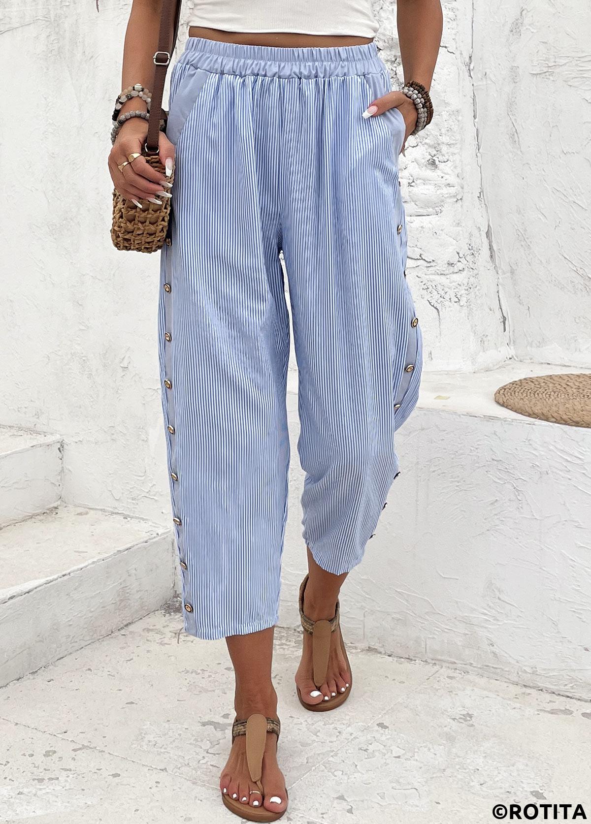 Light Blue bottoms,Striped bottoms,Geometric bottoms,Striped Light Blue Straight Leg Elastic Waist Pants