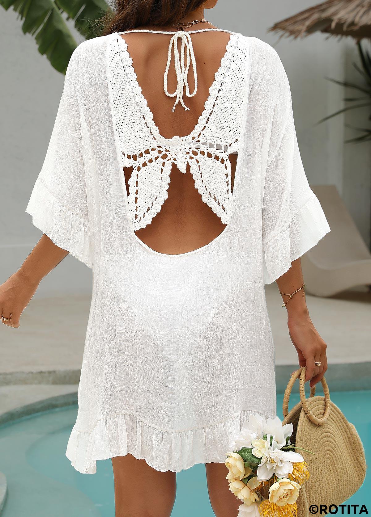 White swimwear,Plain Color swimwear,White Ruffle V Neck Cover Up
