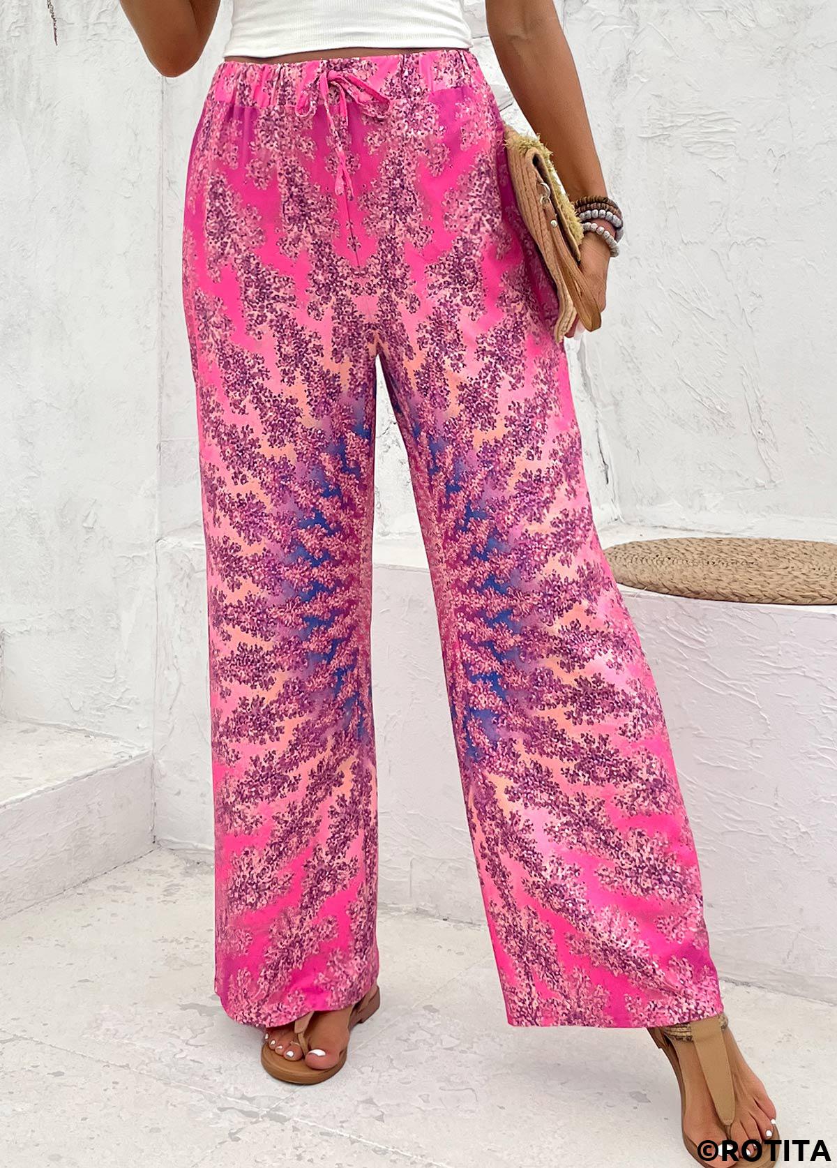 Pink bottoms,Tie Dye bottoms,Tie Dye Print Pink Wide Leg Elastic Waist Pants