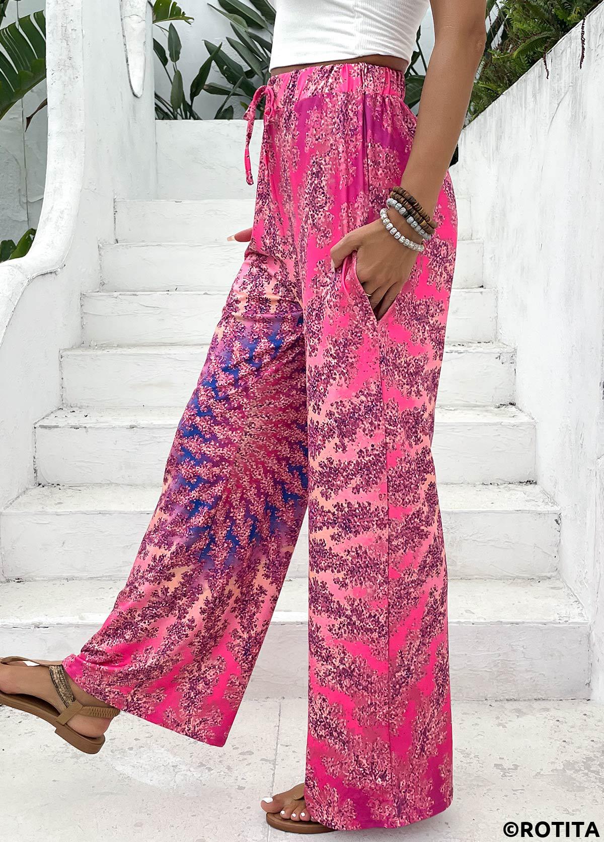 Pink bottoms,Tie Dye bottoms,Tie Dye Print Pink Wide Leg Elastic Waist Pants