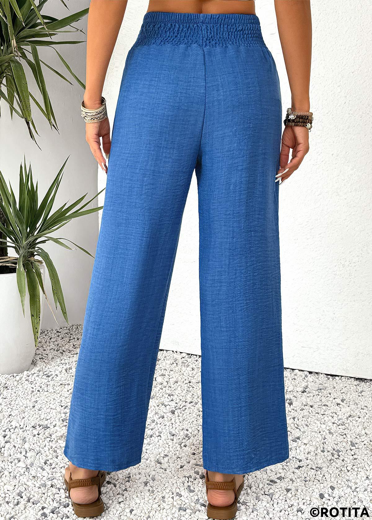 Blue bottoms,Plain Color bottoms,Blue Straight Leg Elastic Waist High Waisted Pants