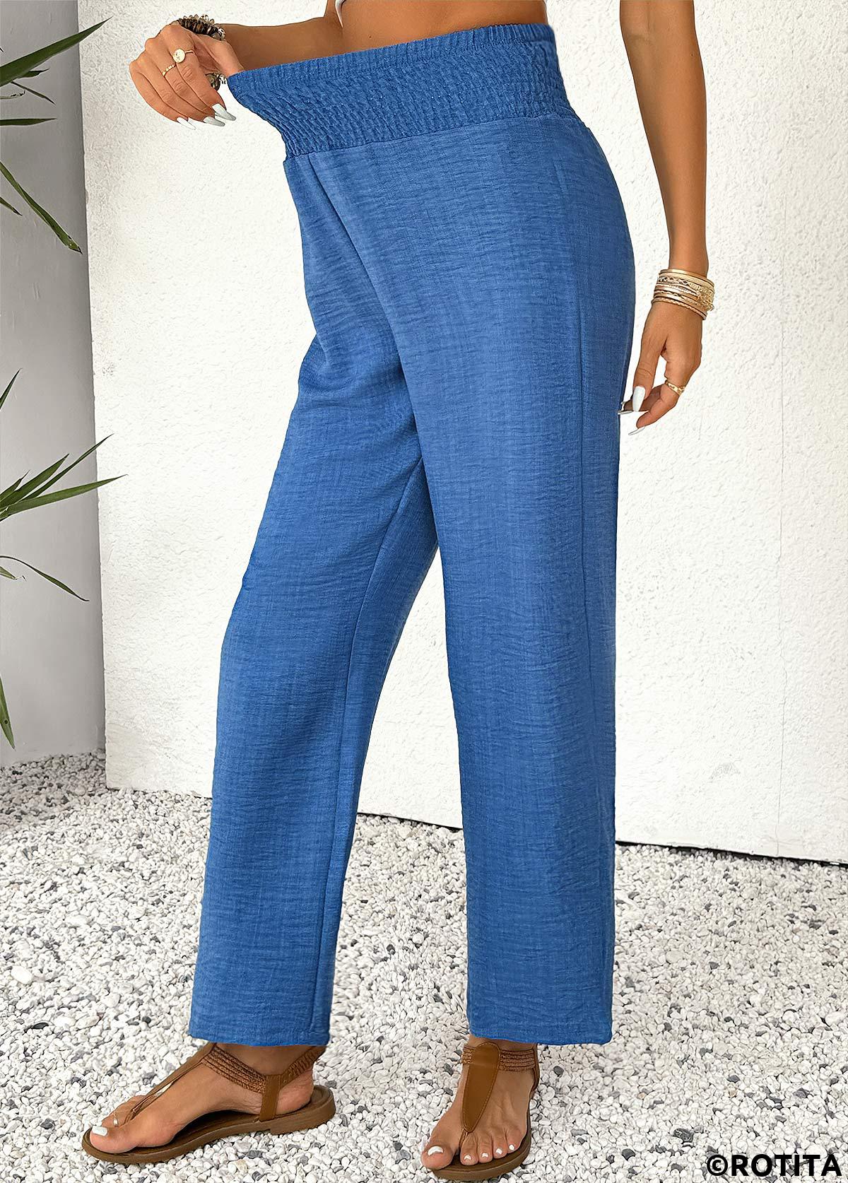 Blue bottoms,Plain Color bottoms,Blue Straight Leg Elastic Waist High Waisted Pants