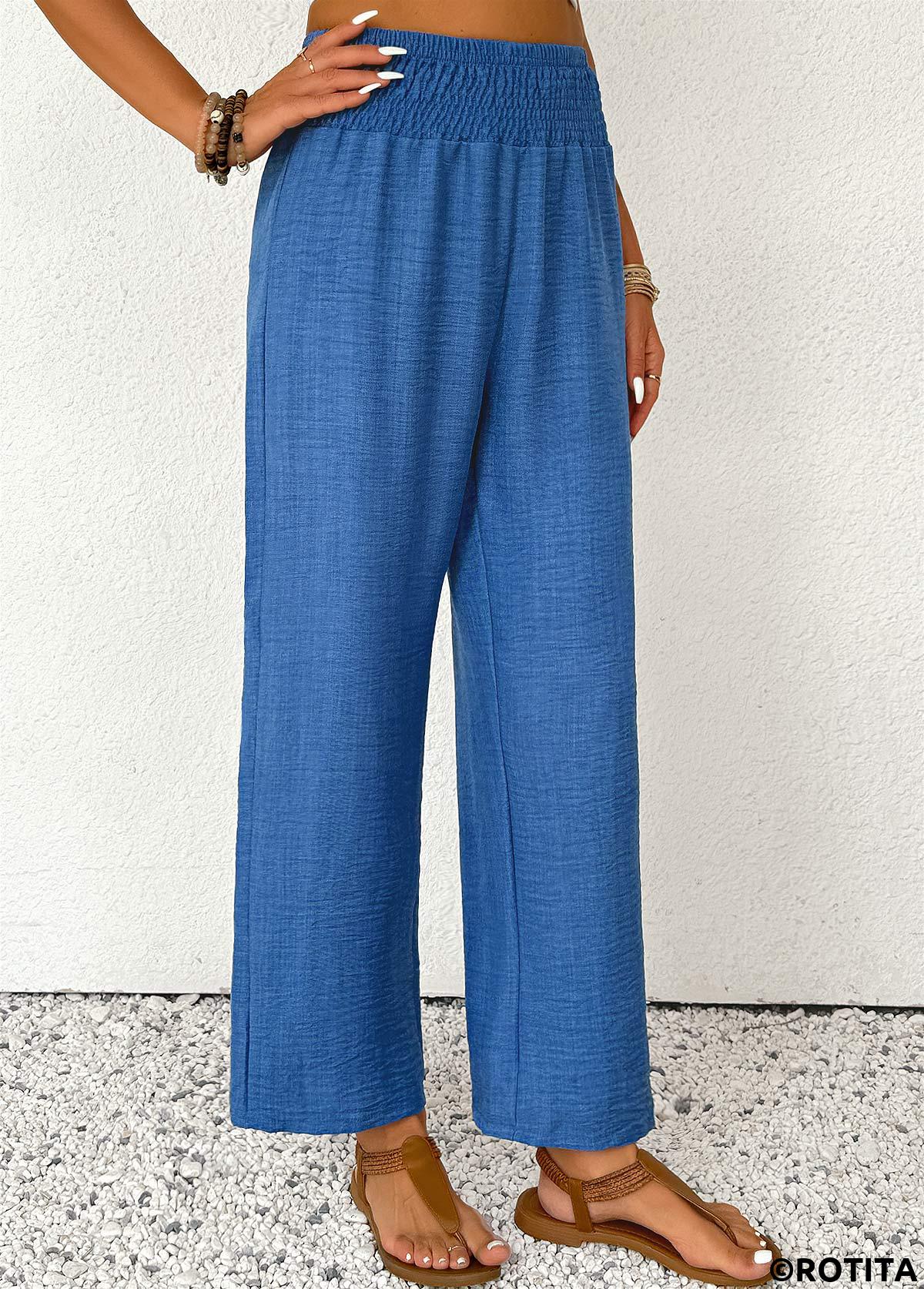 Blue bottoms,Plain Color bottoms,Blue Straight Leg Elastic Waist High Waisted Pants