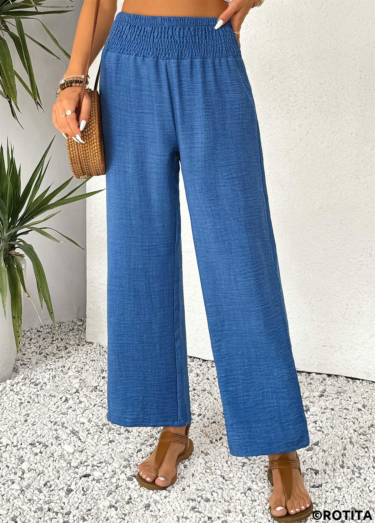 Blue bottoms,Plain Color bottoms,Blue Straight Leg Elastic Waist High Waisted Pants