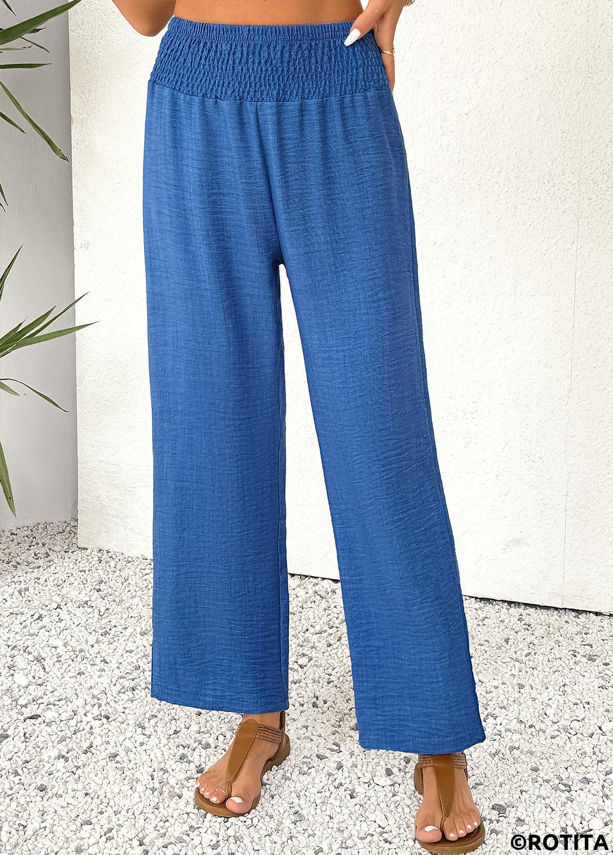 Blue bottoms,Plain Color bottoms,Blue Straight Leg Elastic Waist High Waisted Pants