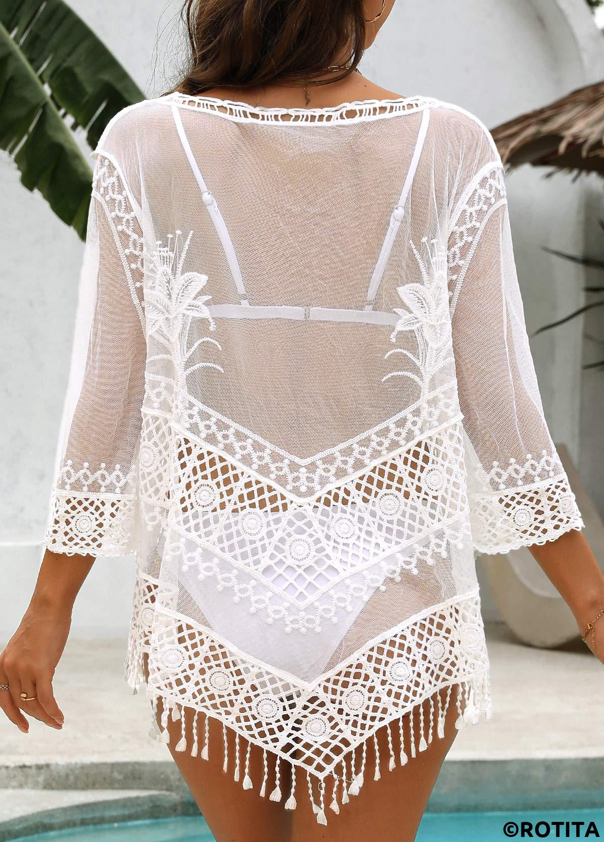 Beige swimwear,Plain Color swimwear,Beige Patchwork V Neck Cover Up