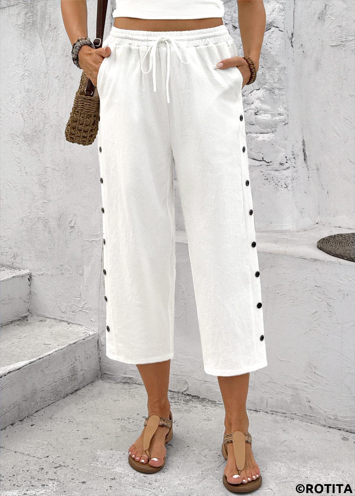 White bottoms,Plain Color bottoms,White Straight Leg Elastic Waist High Waisted Pants