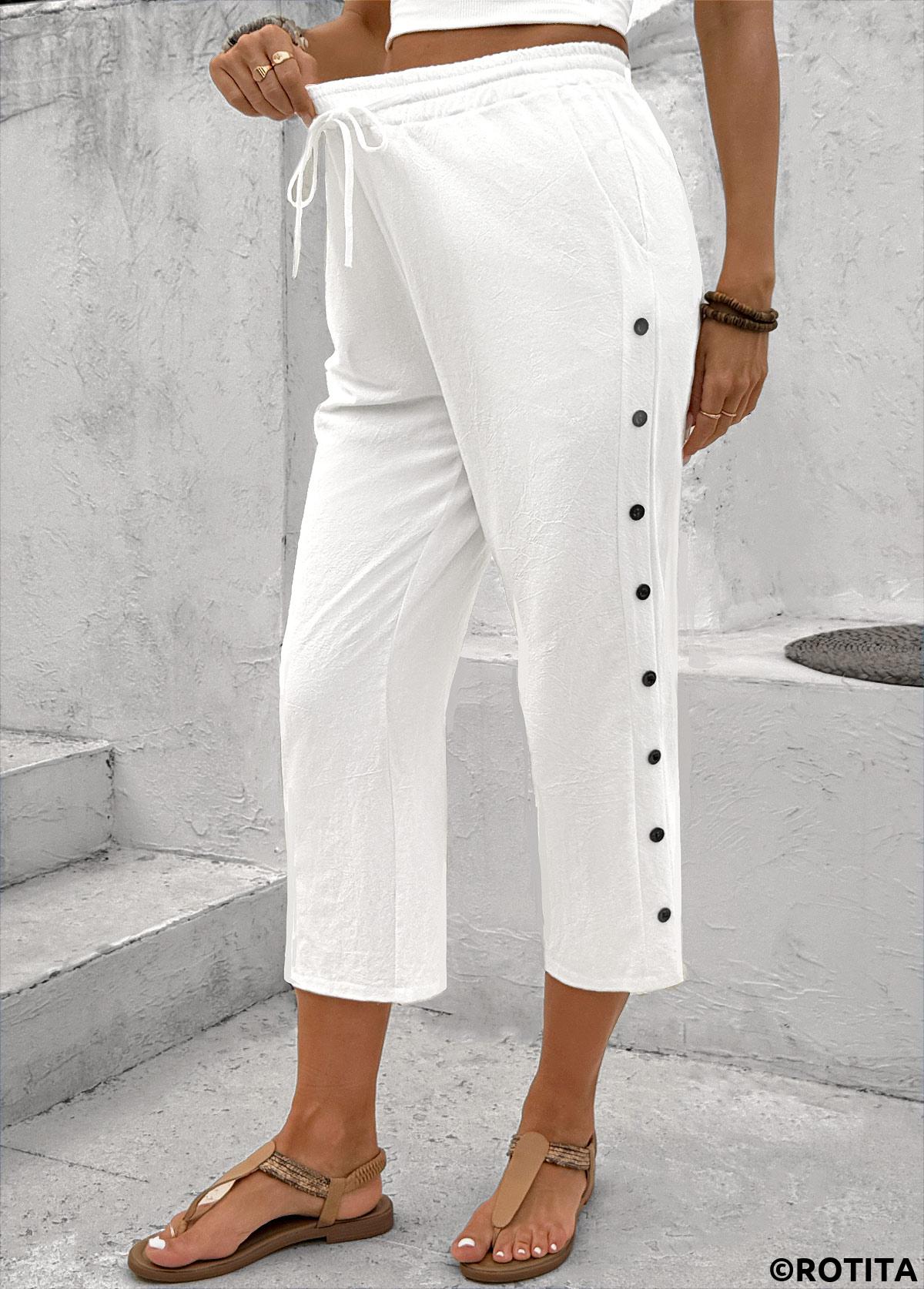 White bottoms,Plain Color bottoms,White Straight Leg Elastic Waist High Waisted Pants