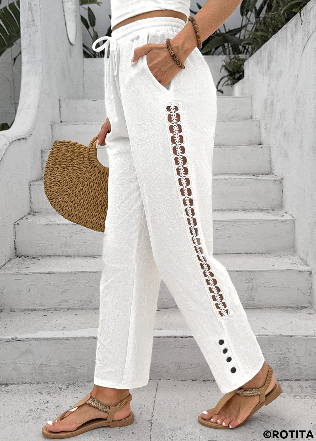 White bottoms,Plain Color bottoms,White Skinny Elastic Waist High Waisted Pants