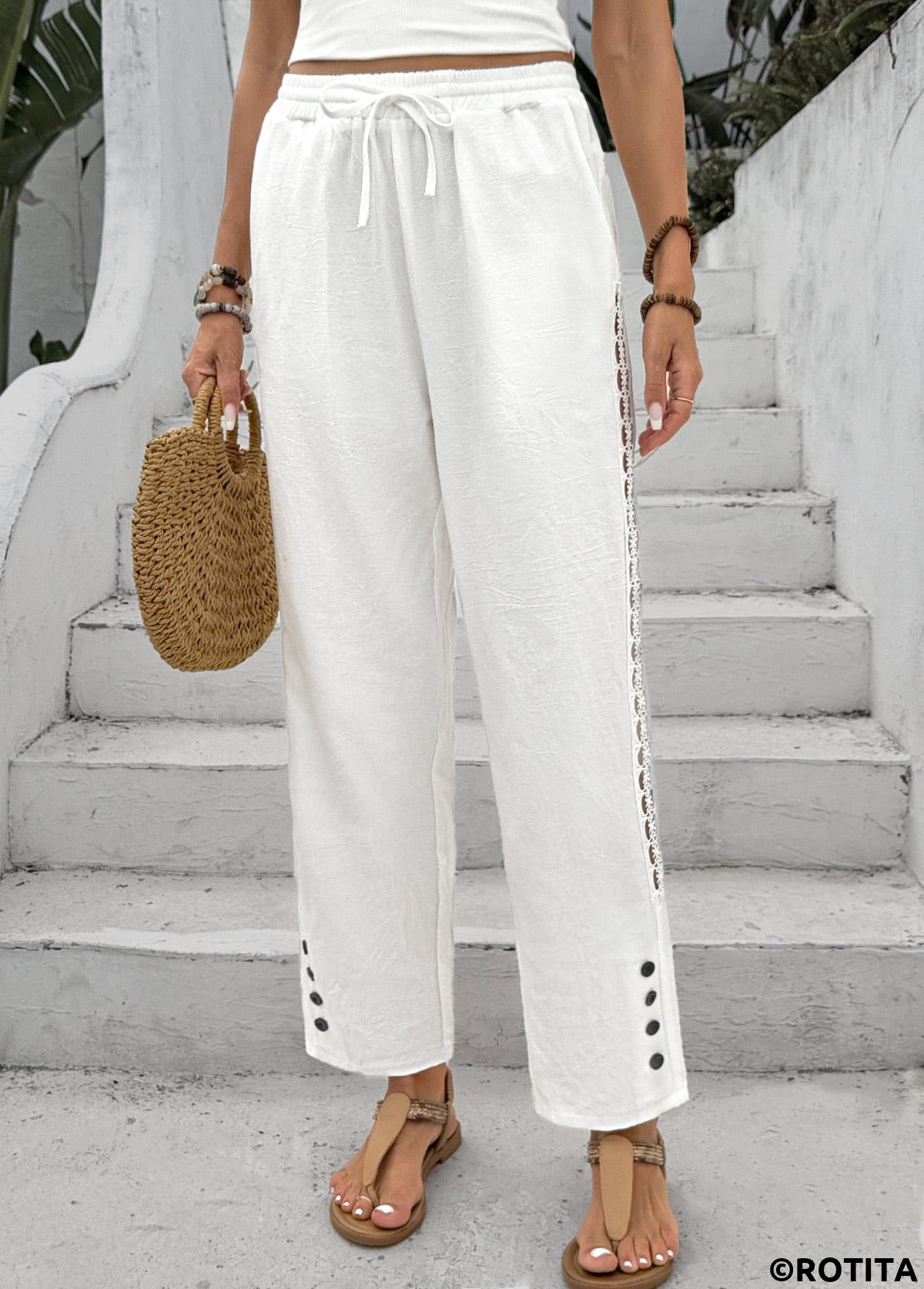 White bottoms,Plain Color bottoms,White Skinny Elastic Waist High Waisted Pants