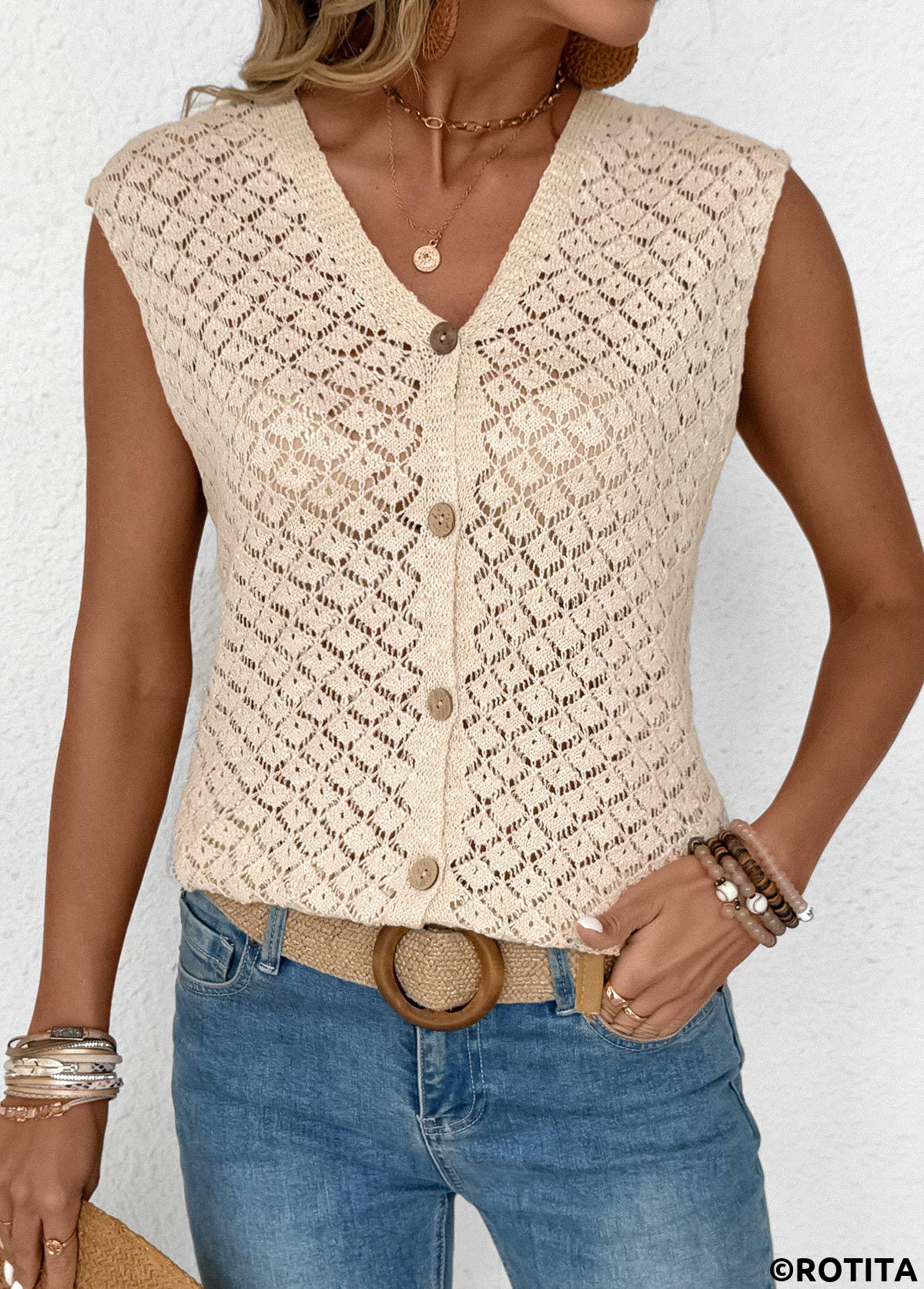 Beige tops,Plain Color tops,Beige V Neck Sleeveless Tank Top