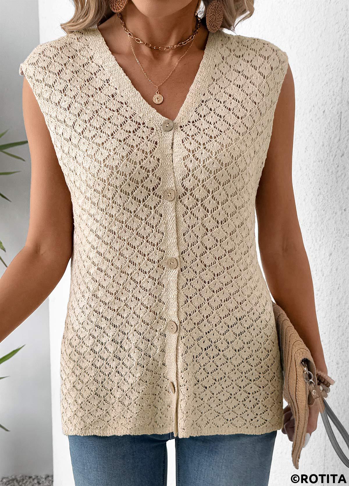 Beige tops,Plain Color tops,Beige V Neck Sleeveless Tank Top
