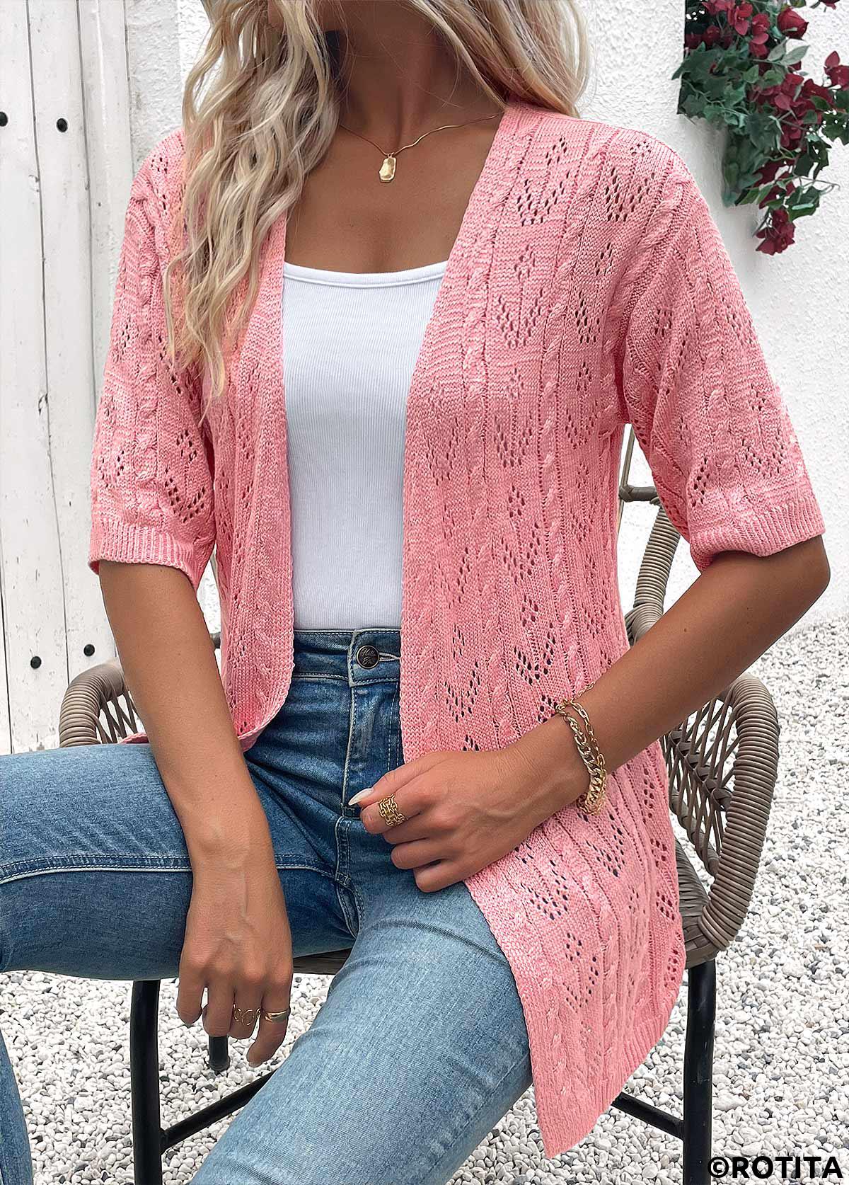 Pink tops,Plain Color tops,Pink Half Sleeve Tunic Light Cardigan