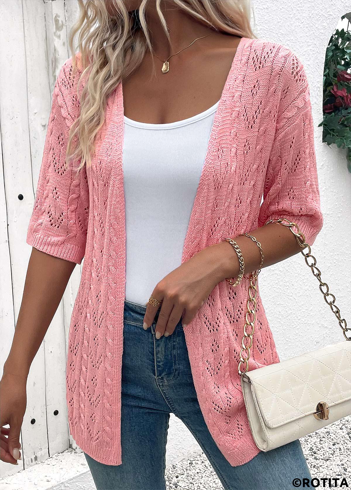 Pink tops,Plain Color tops,Pink Half Sleeve Tunic Light Cardigan