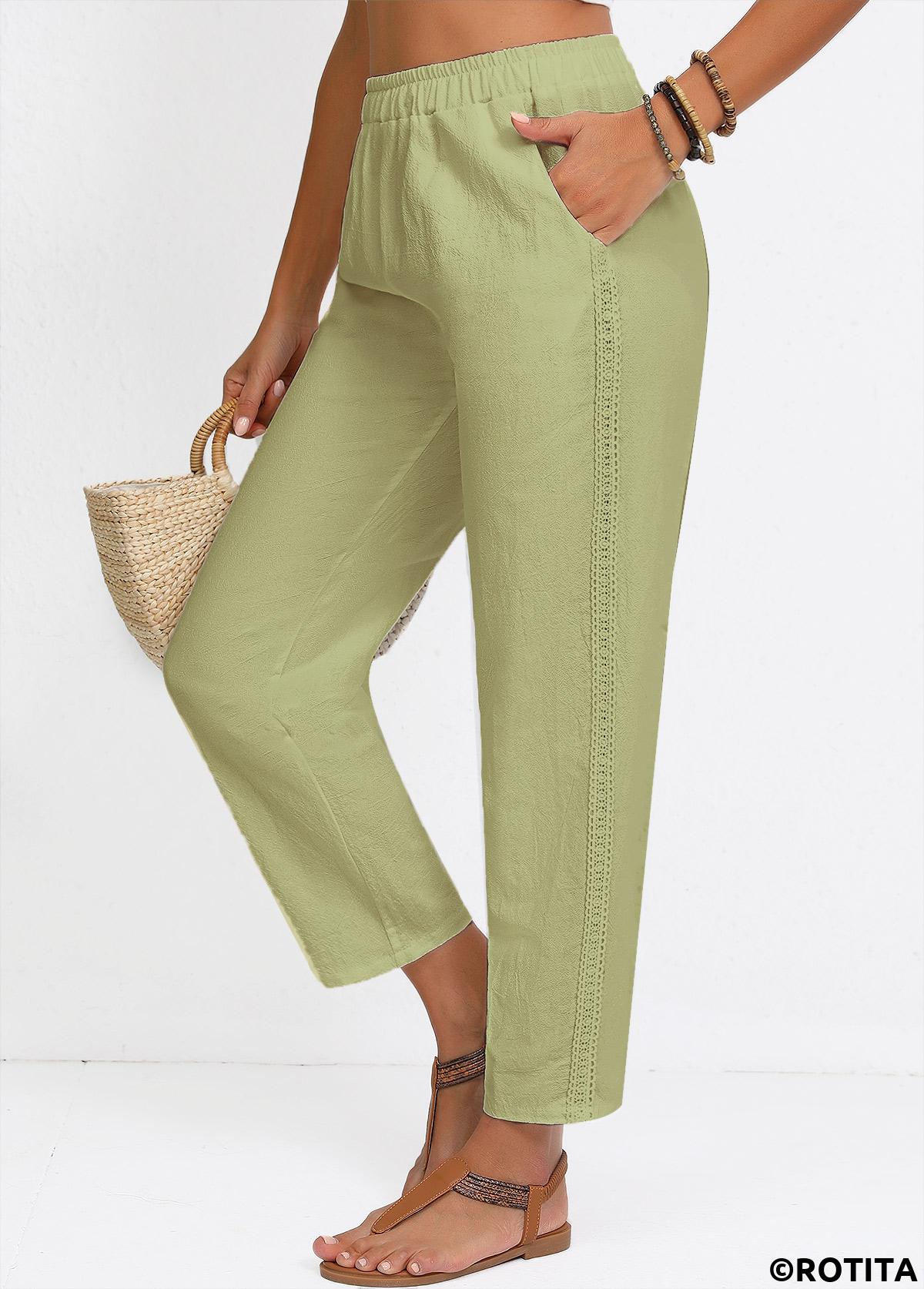 Sage Green bottoms,Plain Color bottoms,Sage Green Straight Leg Elastic Waist High Waisted Pants