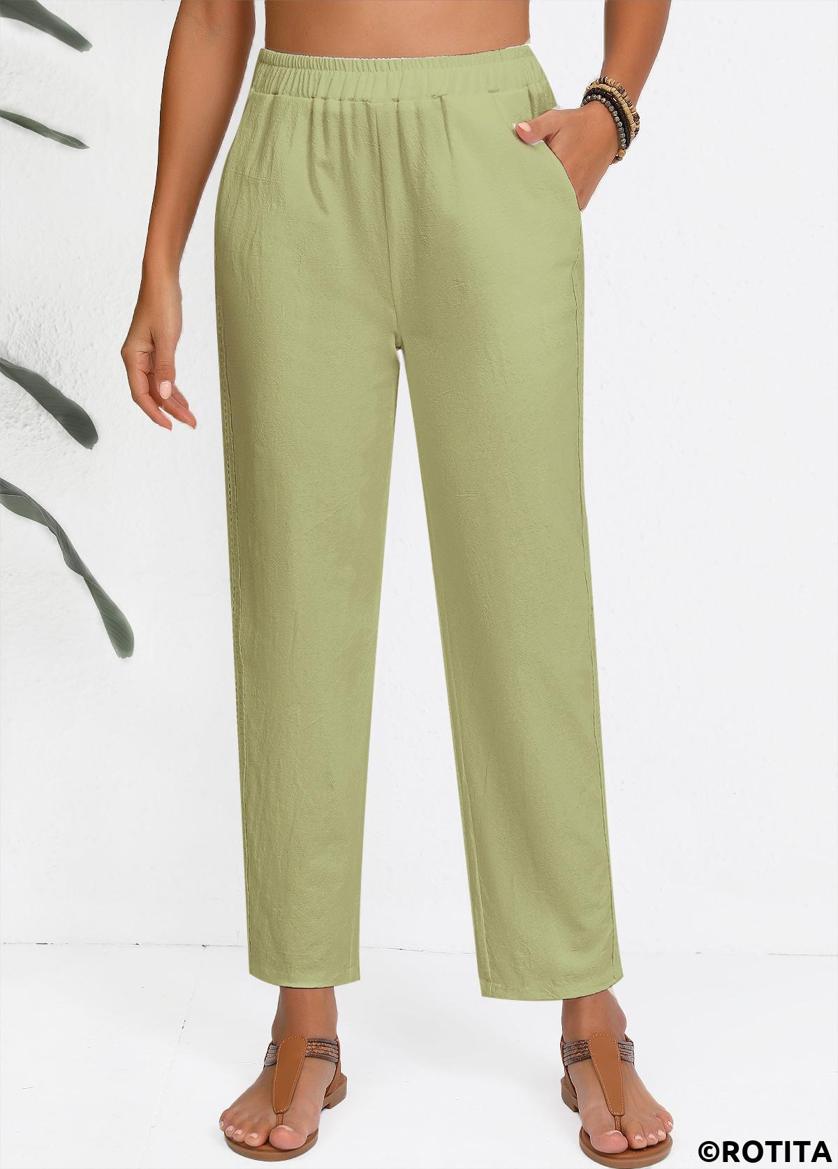 Sage Green bottoms,Plain Color bottoms,Sage Green Straight Leg Elastic Waist High Waisted Pants