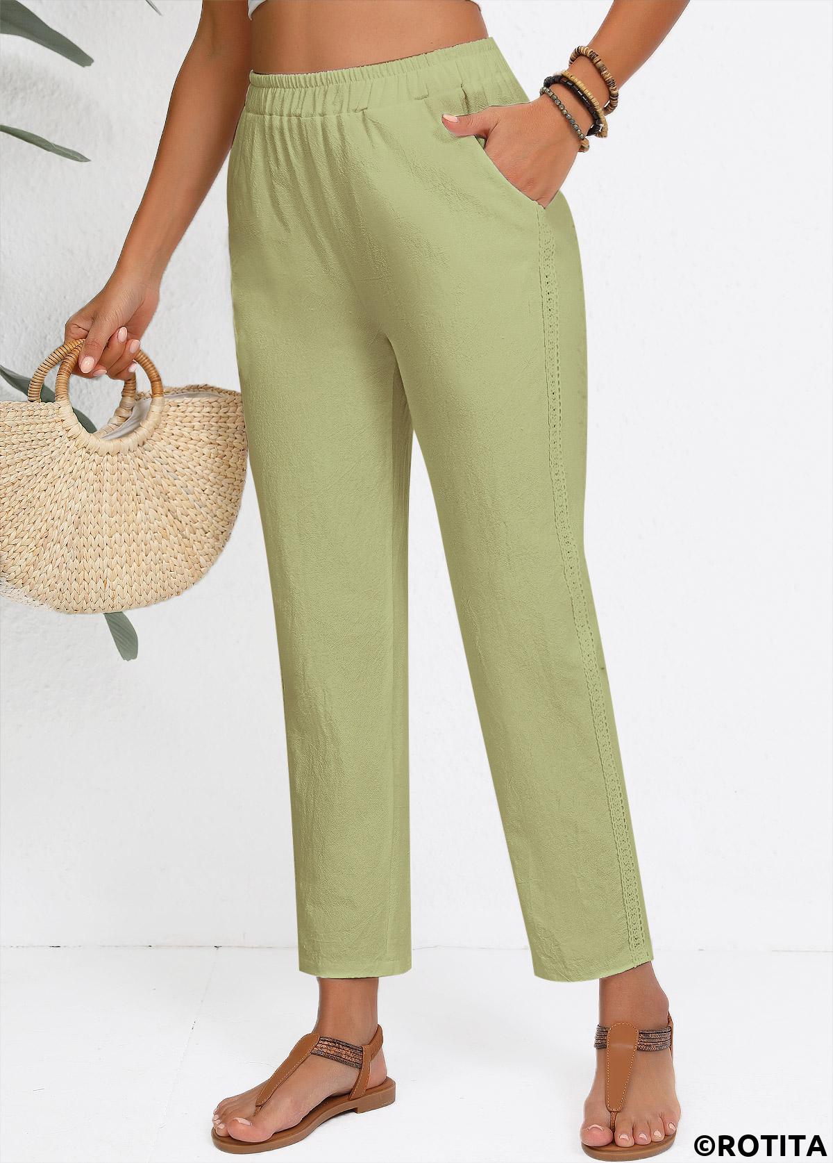 Sage Green bottoms,Plain Color bottoms,Sage Green Straight Leg Elastic Waist High Waisted Pants