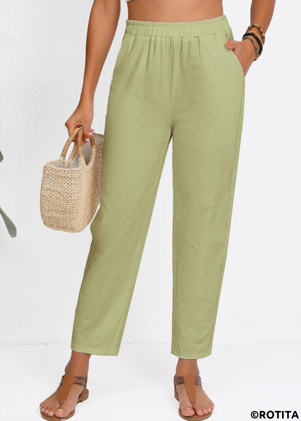 Sage Green bottoms,Plain Color bottoms,Sage Green Straight Leg Elastic Waist High Waisted Pants
