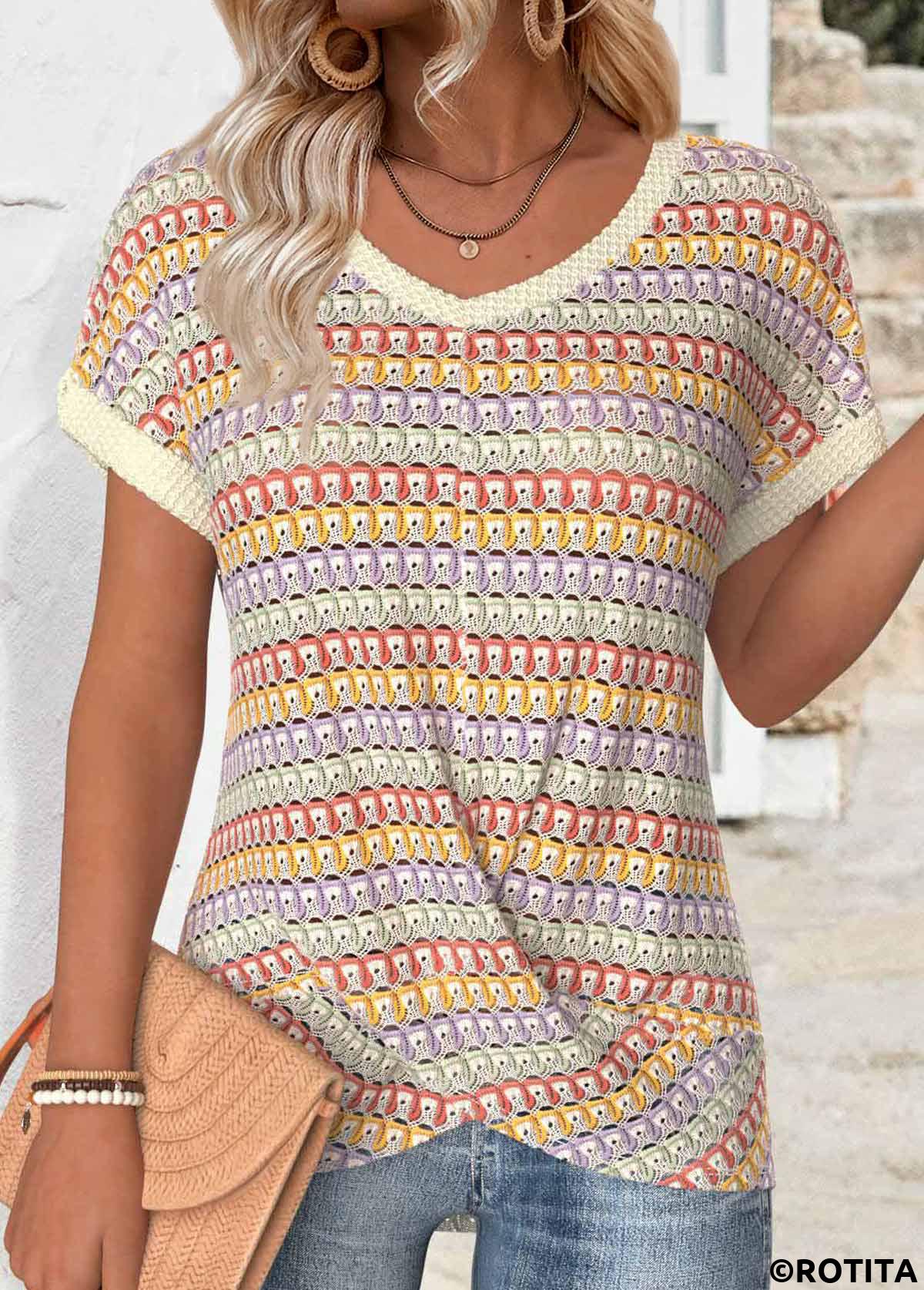 Multi Color tops,Geometric tops,ROTITA Short Sleeve Multi Color Hollowedout T Shirt