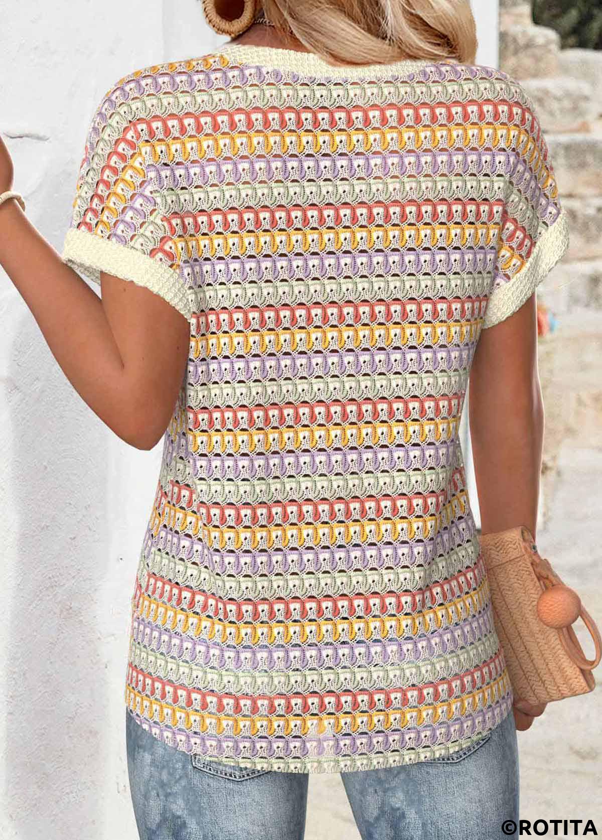 Multi Color tops,Geometric tops,ROTITA Short Sleeve Multi Color Hollowedout T Shirt
