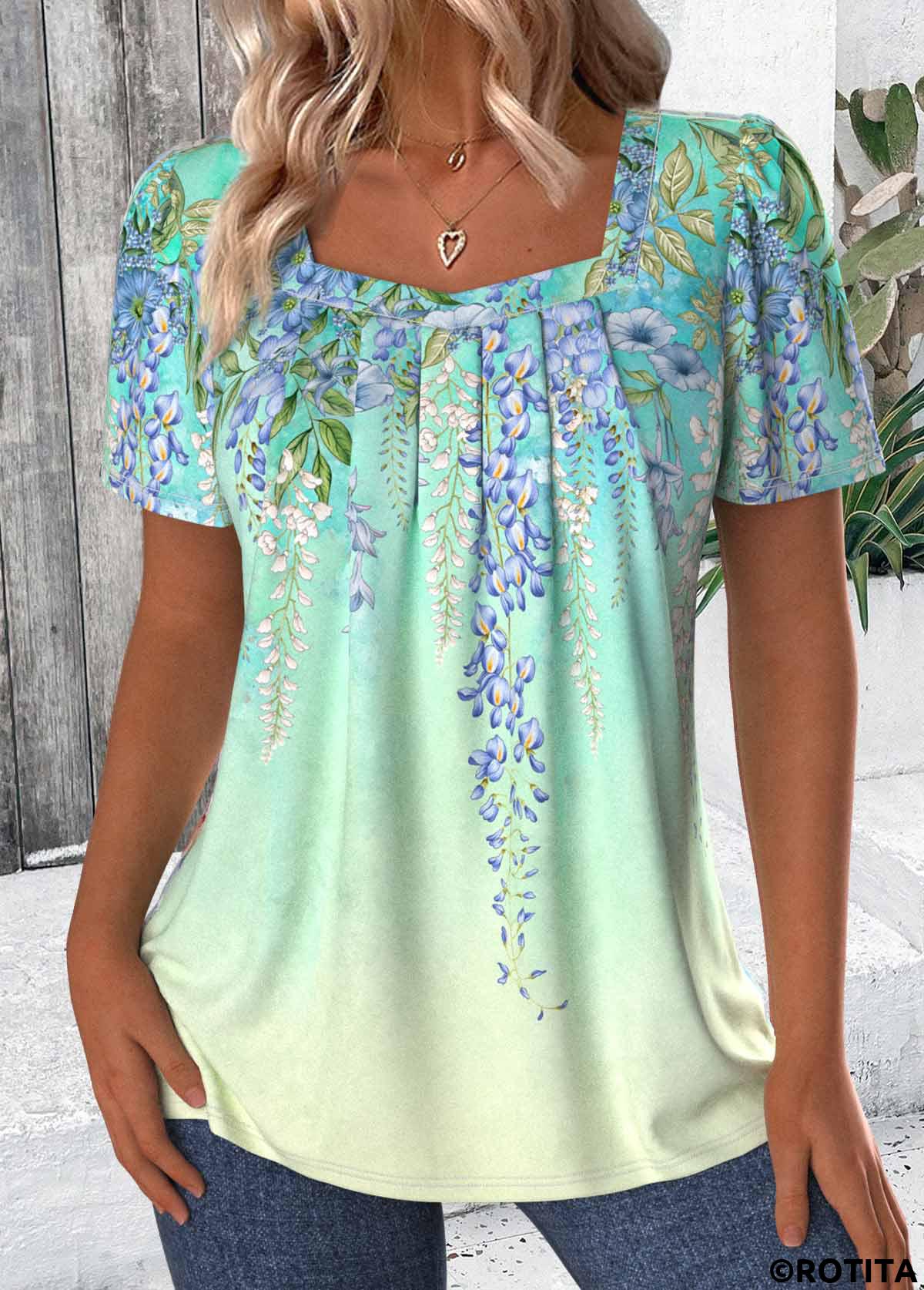 Green tops,Floral tops,Plants tops,Ombre tops,ROTITA Floral Print Green Square Neck Short Sleeve T Shirt