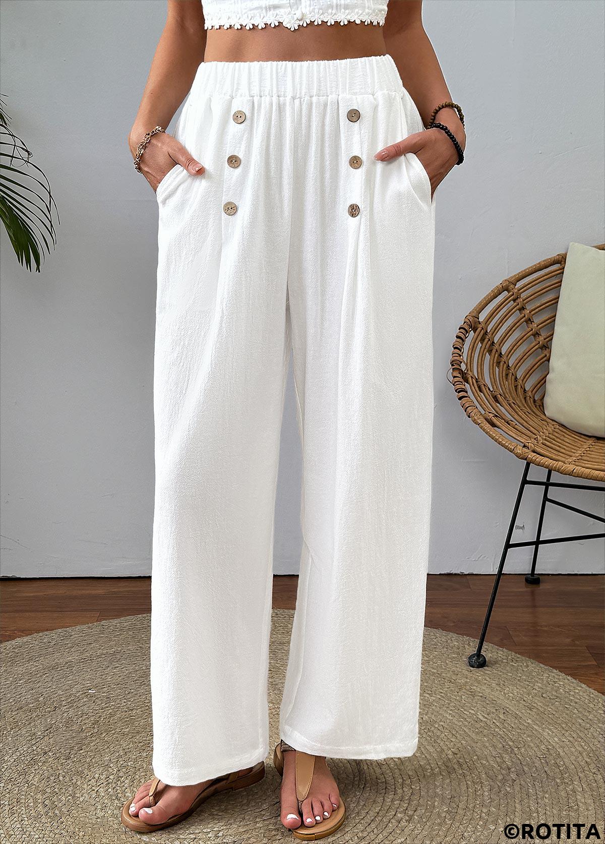White bottoms,Plain Color bottoms,White Straight Leg Elastic Waist High Waisted Pants