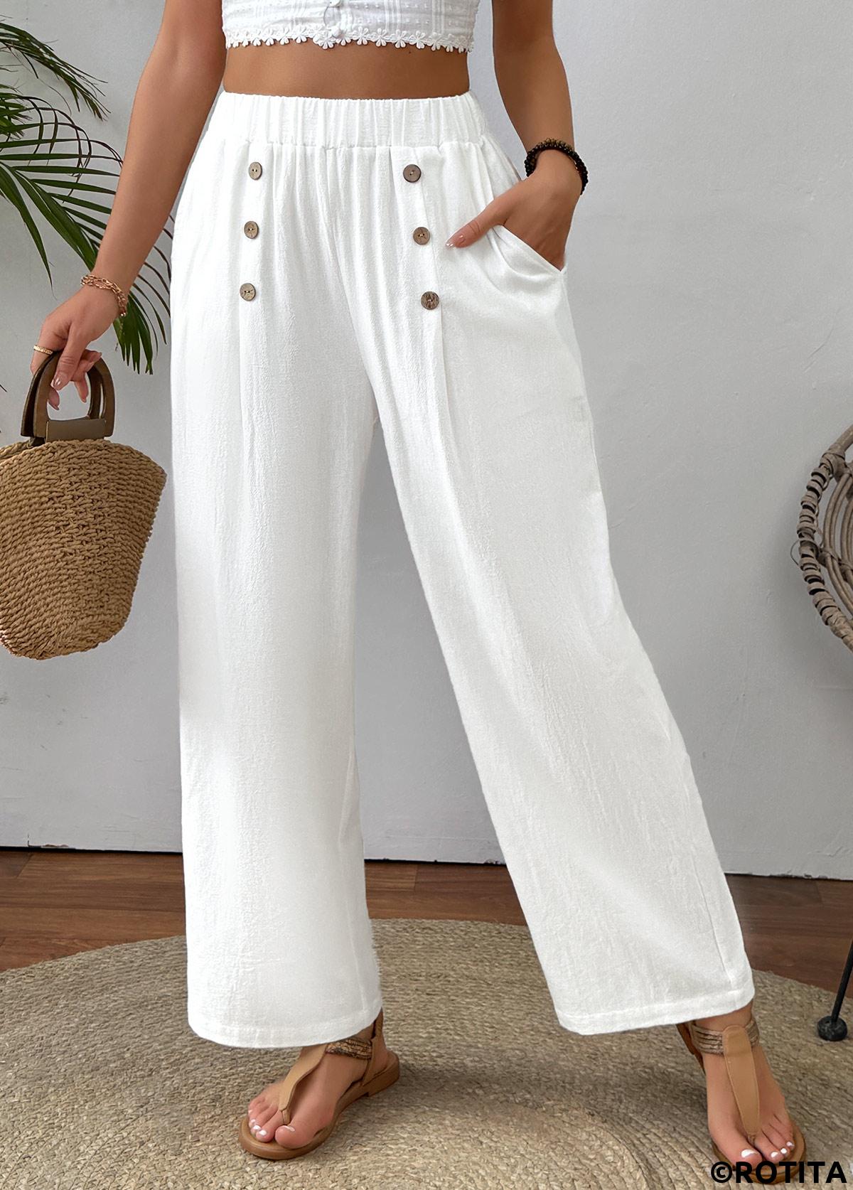 White bottoms,Plain Color bottoms,White Straight Leg Elastic Waist High Waisted Pants