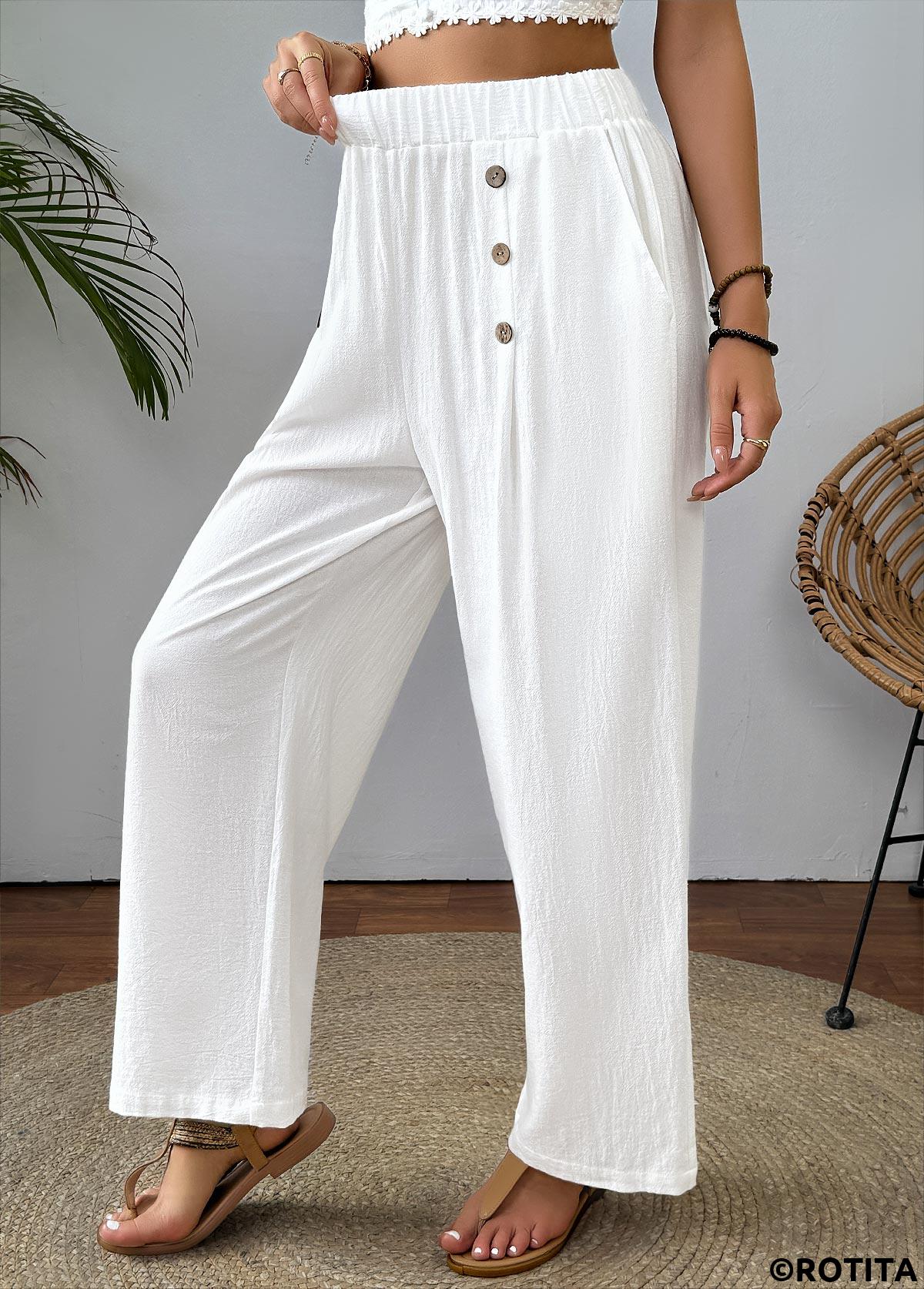White bottoms,Plain Color bottoms,White Straight Leg Elastic Waist High Waisted Pants