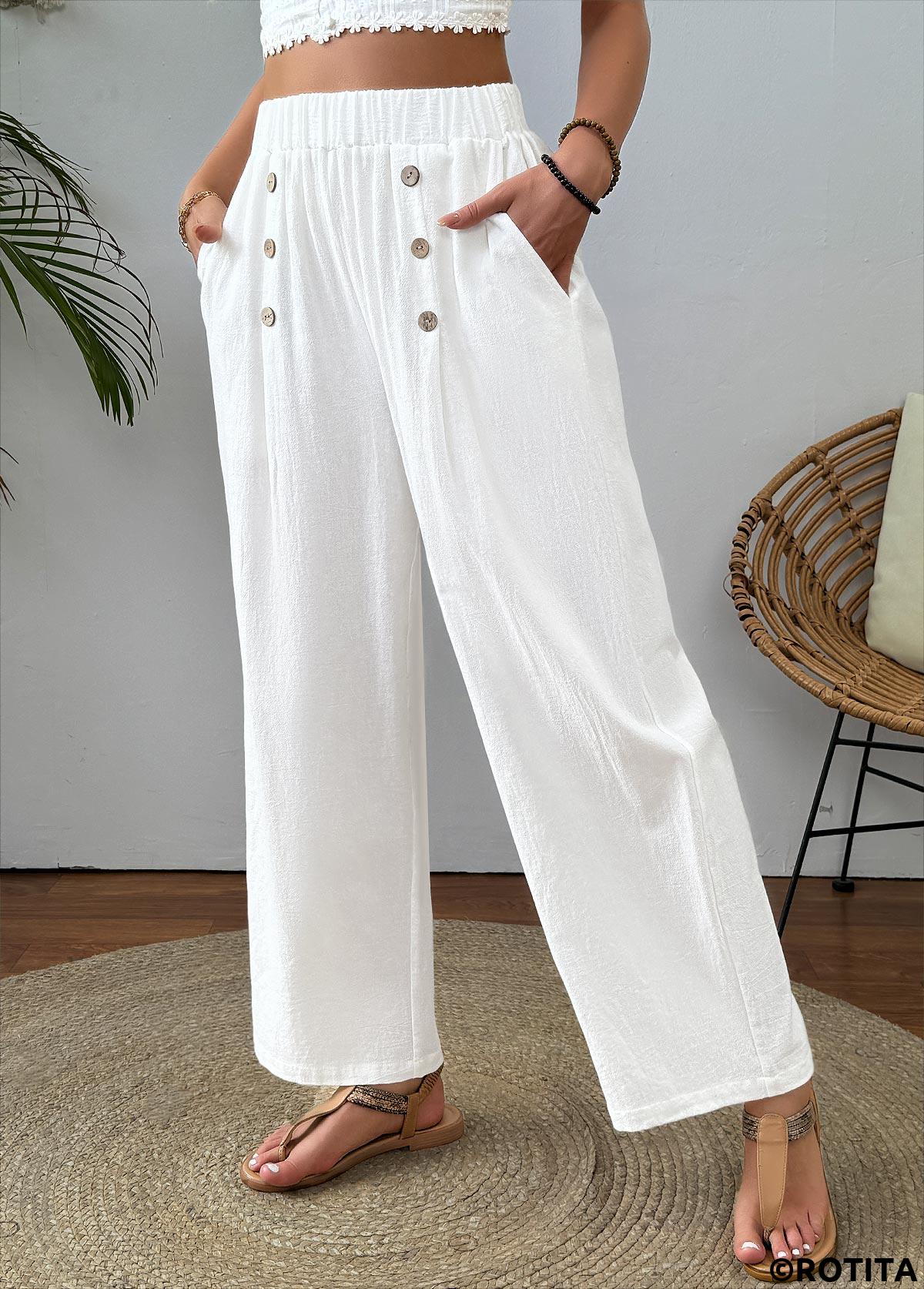 White bottoms,Plain Color bottoms,White Straight Leg Elastic Waist High Waisted Pants