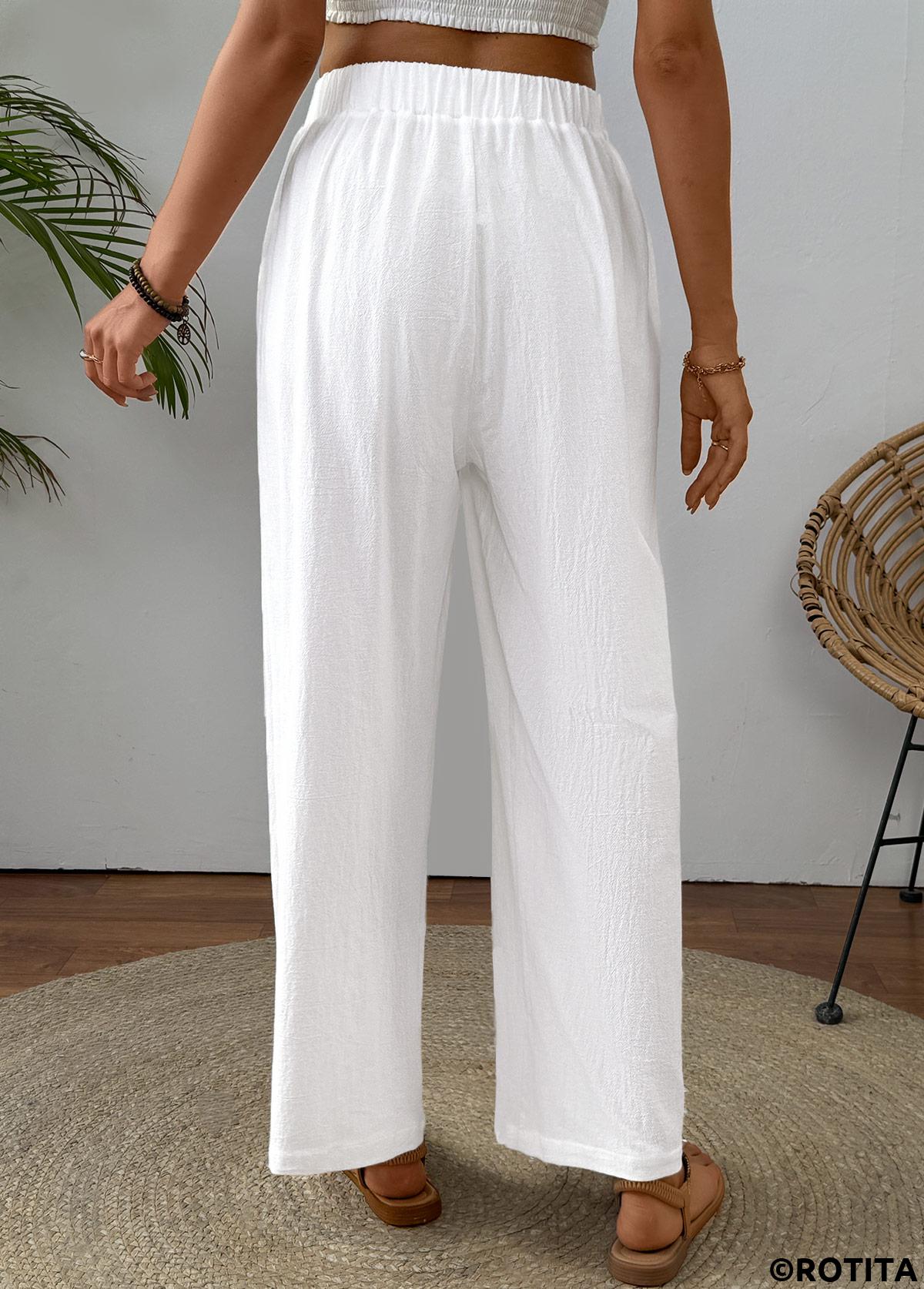 White bottoms,Plain Color bottoms,White Straight Leg Elastic Waist High Waisted Pants