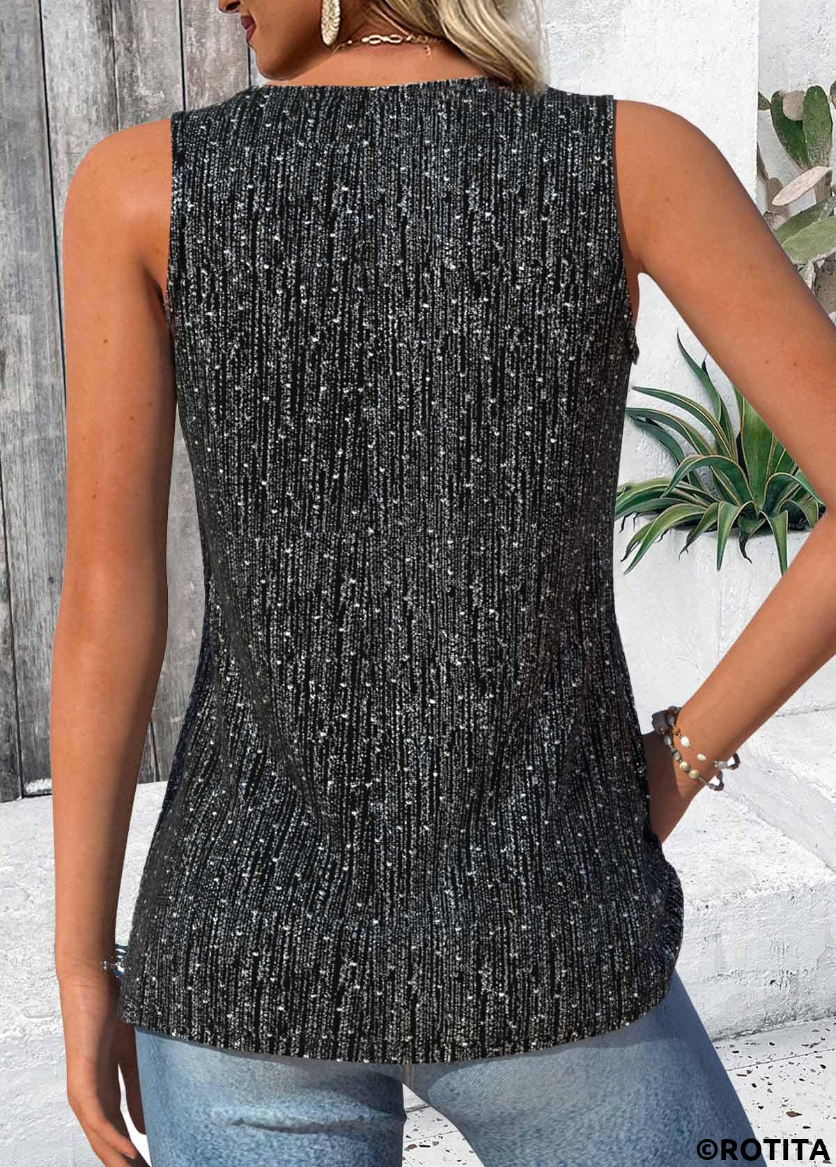 Black tops,Plain Color tops,ROTITA Black V Neck Sleeveless Tank Top