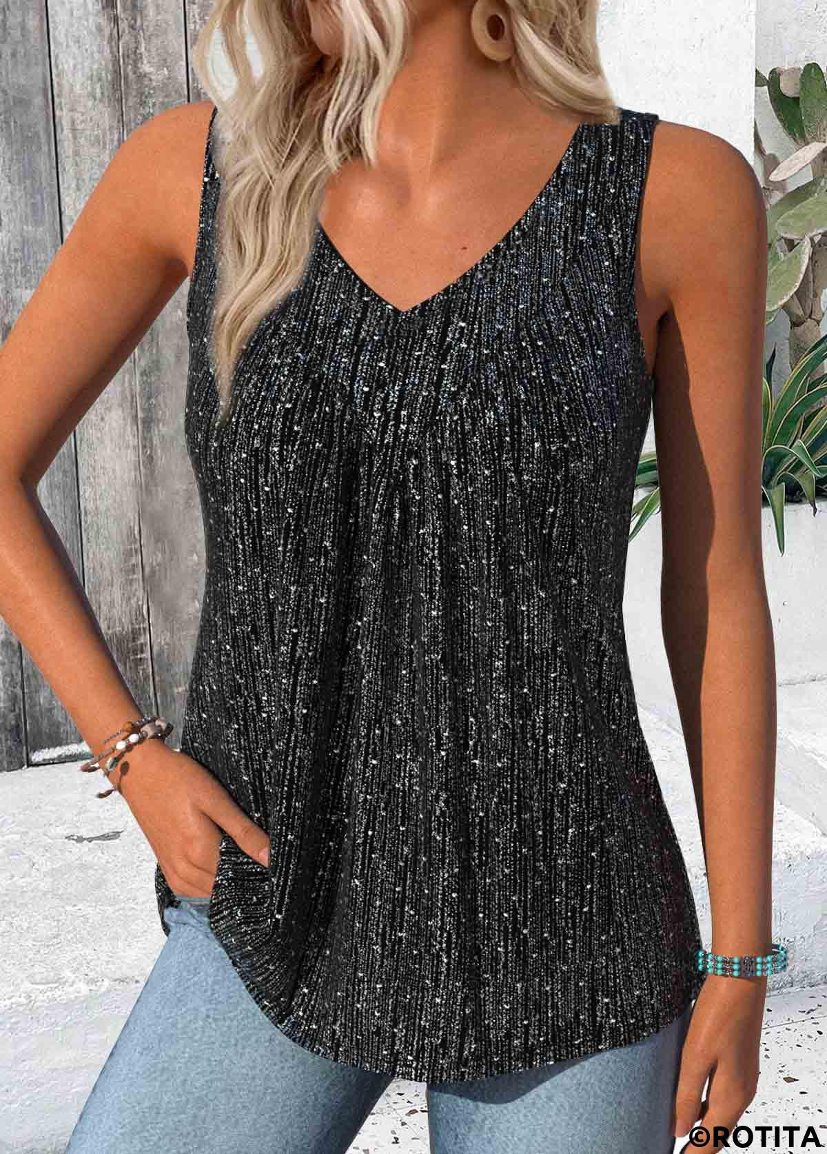 Black tops,Plain Color tops,ROTITA Black V Neck Sleeveless Tank Top