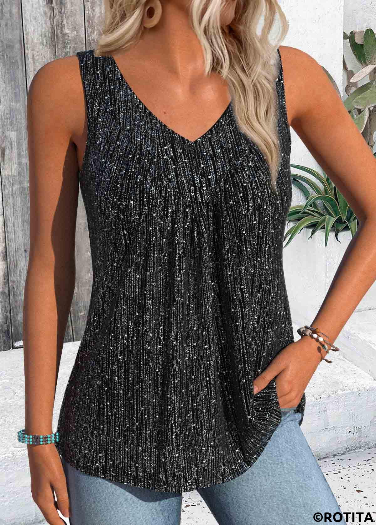 Black tops,Plain Color tops,ROTITA Black V Neck Sleeveless Tank Top