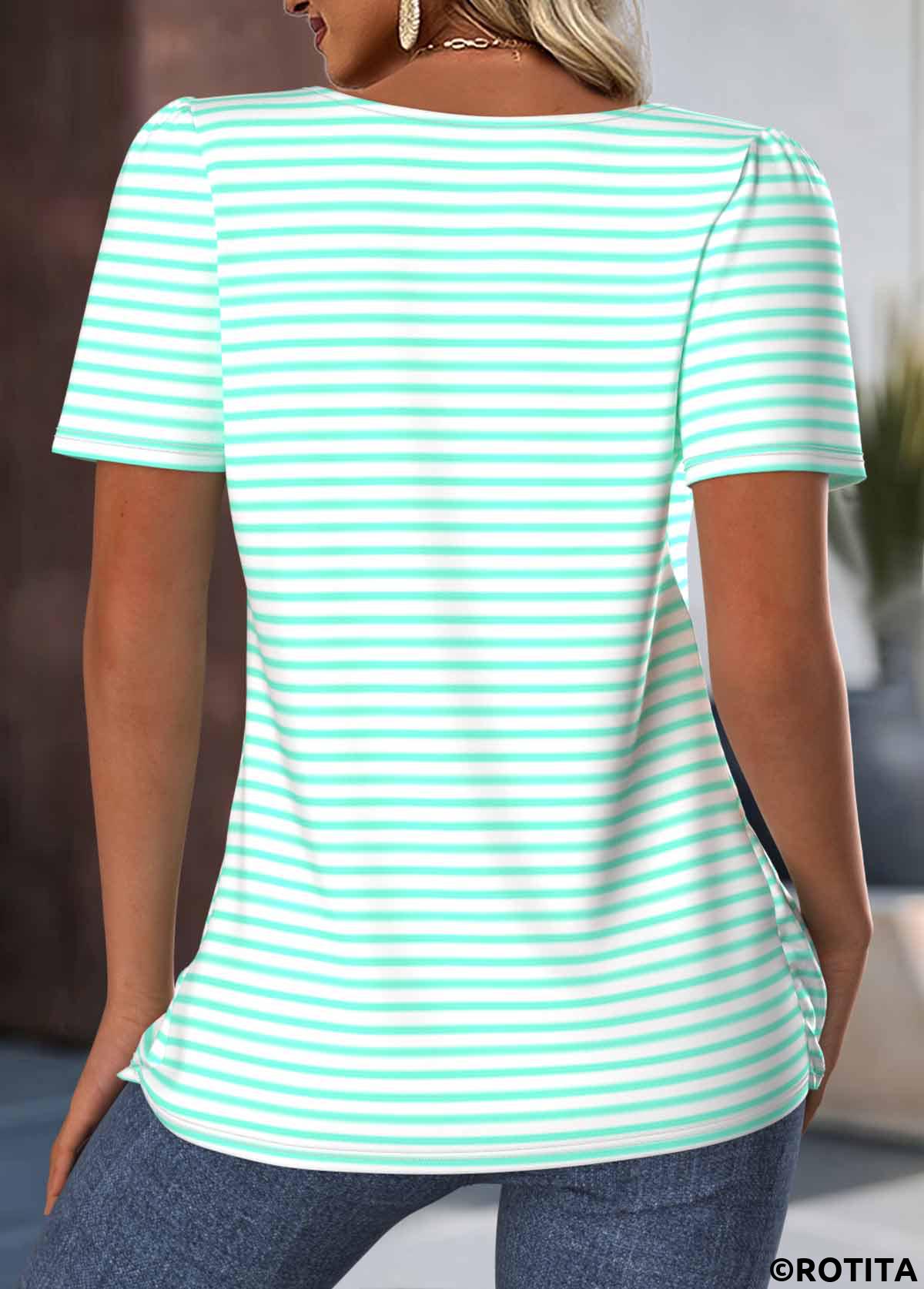 Mint Green tops,Striped tops,Geometric tops,ROTITA Striped Mint Green Square Neck Short Sleeve T Shirt